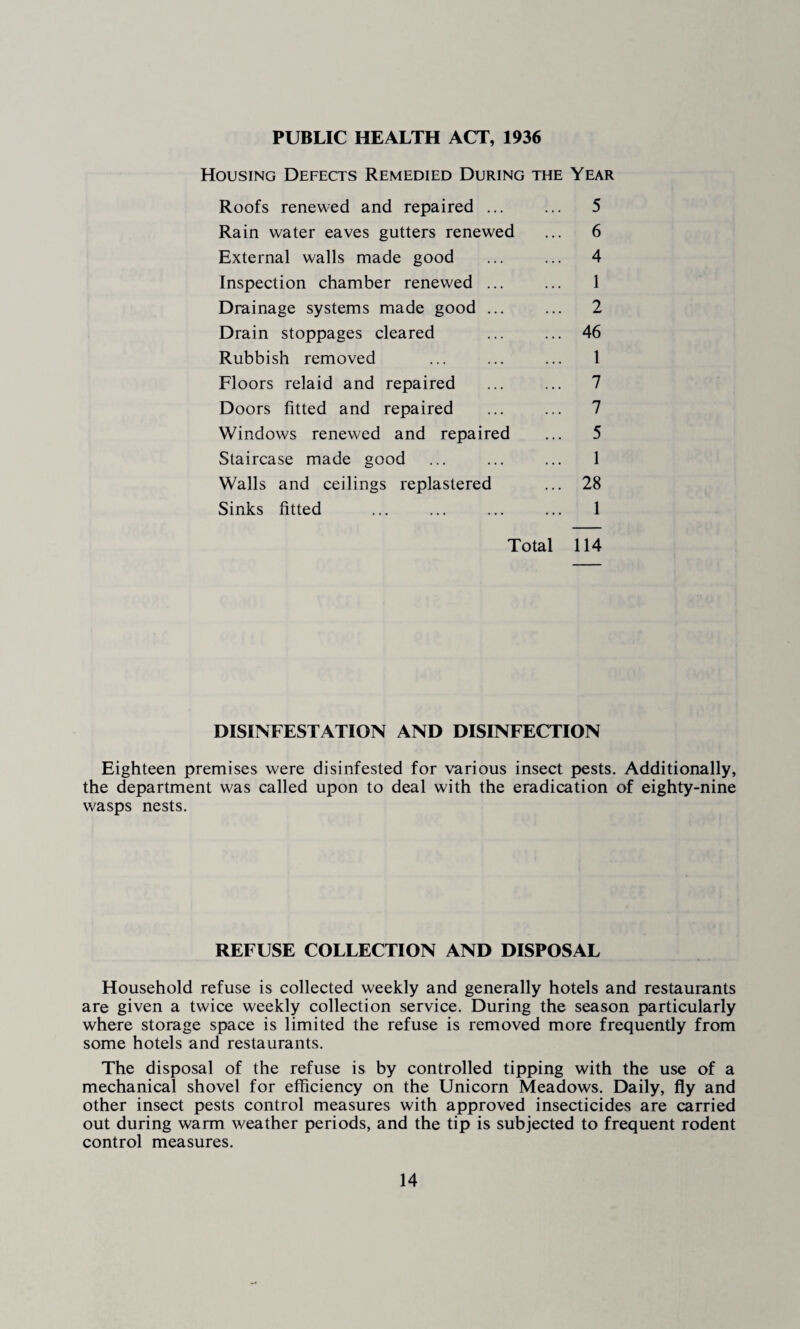PUBLIC HEALTH ACT, 1936 Housing Defects Remedied During the Year Roofs renewed and repaired ... ... 5 Rain water eaves gutters renewed ... 6 External walls made good ... ... 4 Inspection chamber renewed ... ... 1 Drainage systems made good ... ... 2 Drain stoppages cleared ... ... 46 Rubbish removed ... ... ... 1 Floors relaid and repaired ... ... 7 Doors fitted and repaired ... ... 7 Windows renewed and repaired ... 5 Staircase made good ... ... ... 1 Walls and ceilings replastered ... 28 Sinks fitted ... ... ... ... 1 Total 114 DISINFESTATION AND DISINFECTION Eighteen premises were disinfested for various insect pests. Additionally, the department was called upon to deal with the eradication of eighty-nine wasps nests. REFUSE COLLECTION AND DISPOSAL Household refuse is collected weekly and generally hotels and restaurants are given a twice weekly collection service. During the season particularly where storage space is limited the refuse is removed more frequently from some hotels and restaurants. The disposal of the refuse is by controlled tipping with the use of a mechanical shovel for efficiency on the Unicorn Meadows. Daily, fly and other insect pests control measures with approved insecticides are carried out during warm weather periods, and the tip is subjected to frequent rodent control measures.