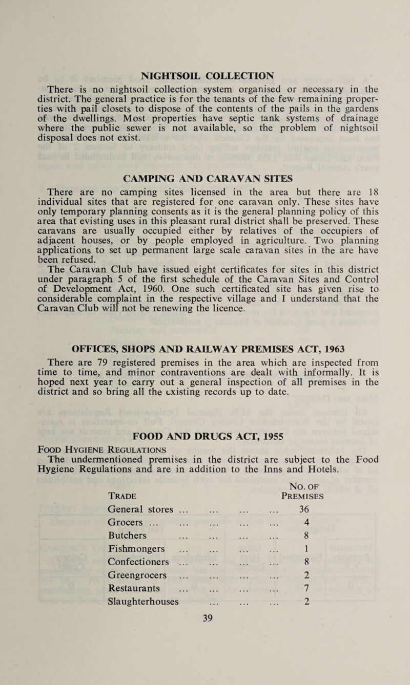 NIGHTSOIL COLLECTION There is no nightsoil collection system organised or necessary in the district. The general practice is for the tenants of the few remaining proper¬ ties with pail closets to dispose of the contents of the pails in the gardens of the dwellings. Most properties have septic tank systems of drainage where the public sewer is not available, so the problem of nightsoil disposal does not exist. CAMPING AND CARAVAN SITES There are no camping sites licensed in the area but there are 18 individual sites that are registered for one caravan only. These sites have only temporary planning consents as it is the general planning policy of this area that evisting uses in this pleasant rural district shall be preserved. These caravans are usually occupied either by relatives of the occupiers of adjacent houses, or by people employed in agriculture. Two planning applications to set up permanent large scale caravan sites in the are have been refused. The Caravan Club have issued eight certificates for sites in this district under paragraph 5 of the first schedule of the Caravan Sites and Control of Development Act, 1960. One such certificated site has given rise to considerable complaint in the respective village and I understand that the Caravan Club will not be renewing the licence. OFFICES, SHOPS AND RAILWAY PREMISES ACT, 1963 There are 79 registered premises in the area which are inspected from time to time, and minor contraventions are dealt with informally. It is hoped next year to carry out a general inspection of all premises in the district and so bring all the existing records up to date. FOOD AND DRUGS ACT, 1955 Food Hygiene Regulations The undermentioned premises in the district are subject to the Food Hygiene Regulations and are in addition to the Inns and Hotels. Trade General stores Grocers ... Butchers Fishmongers Confectioners Greengrocers Restaurants Slaughterhouses No. OF Premises 36 4 8 1 8 2 7 2
