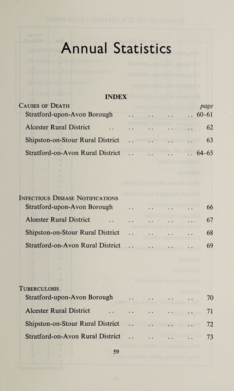 Annual Statistics INDEX Causes of Death page Stratford-upon-Avon Borough .. .. .. .. 60-61 Alcester Rural District .. .. .. .. .. 62 Shipston-on-Stour Rural District .. .. .. .. 63 Stratford-on-Avon Rural District .. .. .. .. 64-65 Infectious Disease Notifications Stratford-upon-Avon Borough .. .. .. .. 66 Alcester Rural District .. .. .. .. .. 67 Shipston-on-Stour Rural District .. .. .. .. 68 Stratford-on-Avon Rural District .. .. .. .. 69 Tuberculosis Stratford-upon-Avon Borough .. .. .. .. 70 Alcester Rural District .. .. .. .. .. 71 Shipston-on-Stour Rural District .. .. .. .. 72 Stratford-on-Avon Rural District .. .. .. .. 73