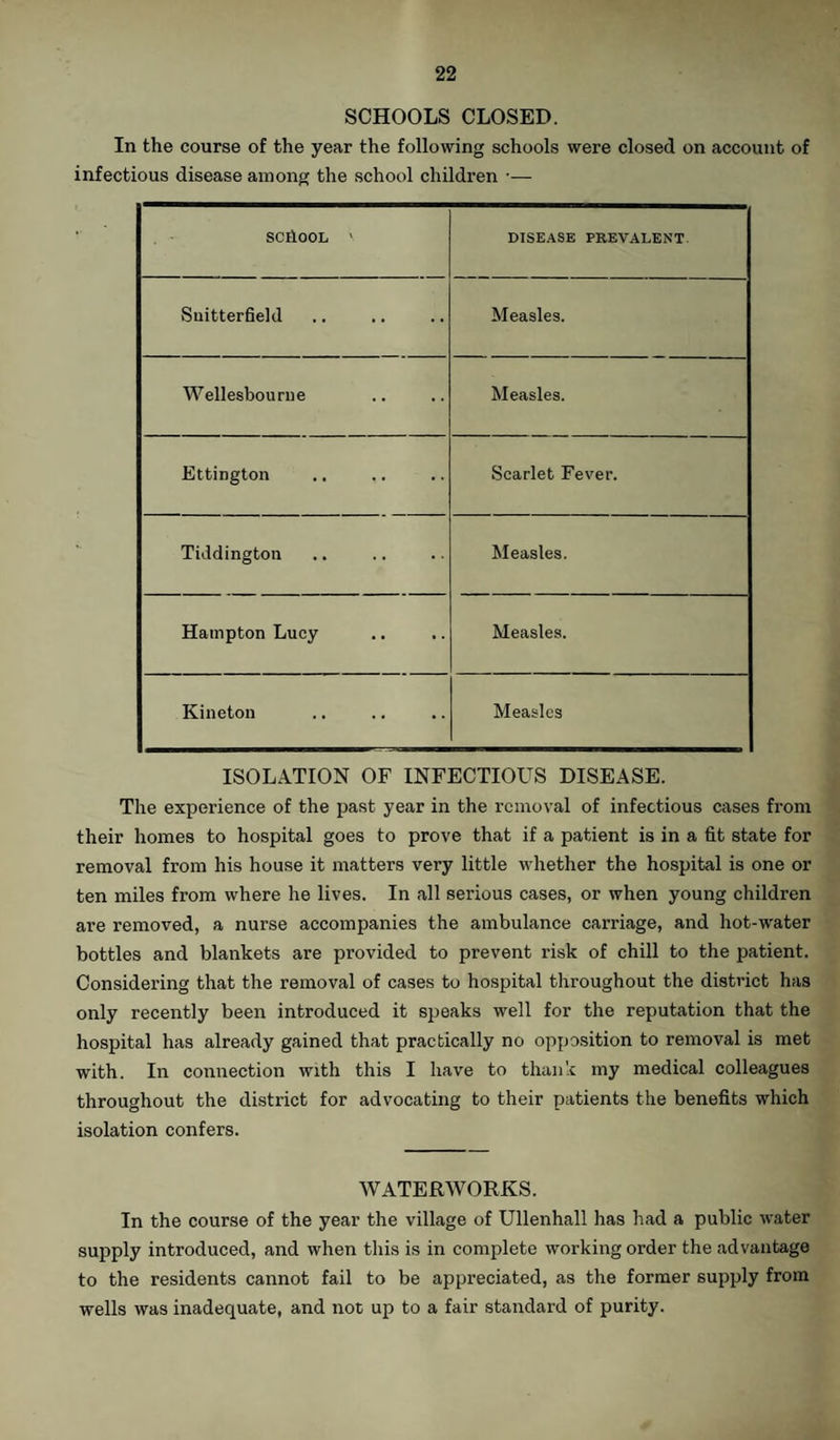 SCHOOLS CLOSED. In the course of the year the following schools were closed on account of infectious disease among the school children ■— SCllOOL ' DISEASE PREVALENT Suitterfield Measles. Wellesbourne Measles. Ettington Scarlet Fever. Tiddington Measles. Hampton Lucy Measles. Kineton Measles ISOLATION OF INFECTIOUS DISEASE. The experience of the past year in the removal of infectious cases from their homes to hospital goes to prove that if a patient is in a tit state for removal from his house it matters very little whether the hospital is one or ten miles from where he lives. In all serious cases, or when young children are removed, a nurse accompanies the ambulance carriage, and hot-water bottles and blankets are provided to prevent risk of chill to the patient. Considering that the removal of cases to hospital throughout the district has only recently been introduced it speaks well for the reputation that the hospital has already gained that practically no opposition to removal is met with. In connection with this I have to thank my medical colleagues throughout the district for advocating to their patients the benefits which isolation confers. WATERWORKS. In the course of the year the village of Ullenhall has had a public water supply introduced, and when this is in complete working order the advantage to the residents cannot fail to be appreciated, as the former supply from wells was inadequate, and not up to a fair standard of purity.