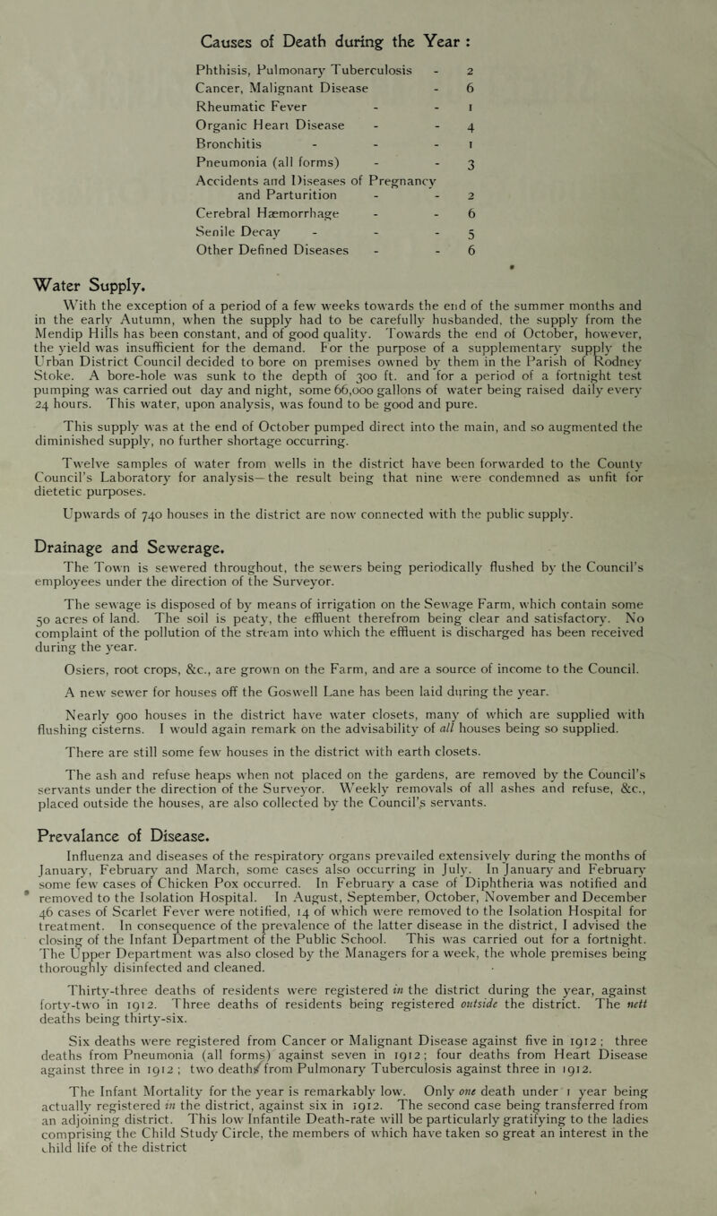Causes of Death during the Year : Phthisis, Pulmonary Tuberculosis - 2 Cancer, Malignant Disease - 6 Rheumatic Fever - - 1 Organic Heart Disease - 4 Bronchitis - - - 1 Pneumonia (all forms) - 3 Accidents and Diseases of Pregnancy and Parturition - 2 Cerebral Haemorrhage - 6 Senile Decay - - - 5 Other Defined Diseases - 6 Water Supply. With the exception of a period of a few weeks towards the end of the summer months and in the early Autumn, when the supply had to be carefully husbanded, the supply from the Mendip Hills has been constant, and of good quality. Towards the end of October, however, the yield was insufficient for the demand. For the purpose of a supplementary supply the Urban District Council decided to bore on premises owned by them in the Parish of Rodney Stoke. A bore-hole was sunk to the depth of 300 ft. and for a period of a fortnight test pumping was carried out day and night, some 66,000 gallons of water being raised daily every 24 hours. This water, upon analysis, was found to be good and pure. This supply was at the end of October pumped direct into the main, and so augmented the diminished supply, no further shortage occurring. Twelve samples of water from wells in the district have been forwarded to the County Council’s Laboratory for analysis—the result being that nine were condemned as unfit for dietetic purposes. Upwards of 740 houses in the district are now connected with the public supply. Drainage and Sewerage. The Town is sewered throughout, the sewers being periodically flushed by the Council’s employees under the direction of the Surveyor. The sewage is disposed of by means of irrigation on the Sewage Farm, which contain some 50 acres of land. The soil is peaty, the effluent therefrom being clear and satisfactory. No complaint of the pollution of the stream into which the effluent is discharged has been received during the year. Osiers, root crops, &c., are grown on the Farm, and are a source of income to the Council. A new sewer for houses off the Goswell Lane has been laid during the year. Nearly goo houses in the district have water closets, many of which are supplied with flushing cisterns. I would again remark on the advisability of all houses being so supplied. There are still some few houses in the district with earth closets. The ash and refuse heaps when not placed on the gardens, are removed by the Council’s servants under the direction of the Surveyor. Weekly removals of all ashes and refuse, &c., placed outside the houses, are also collected by the Council’.s servants. Prevalance of Disease. Influenza and diseases of the respiratory organs prevailed extensively during the months of January, February and March, some cases also occurring in July. In 'January and February some few cases of Chicken Pox occurred. In February a case of Diphtheria was notified and removed to the Isolation Hospital. In August, September, October, November and December 46 cases of Scarlet Fever were notified, 14 of which were removed to the Isolation Hospital for treatment. In consequence of the prevalence of the latter disease in the district, I advised the closing of the Infant Department of the Public School. This was carried out for a fortnight. The Upper Department was also closed by the Managers fora week, the whole premises being thoroughly disinfected and cleaned. Thirty-three deaths of residents were registered in the district during the year, against forty-two in 1912. Three deaths of residents being registered outside the district. The nett deaths being thirty-six. Six deaths were registered from Cancer or Malignant Disease against five in 1912 ; three deaths from Pneumonia (all forms) against seven in 1912; four deaths from Heart Disease against three in 1912 ; two death/from Pulmonary Tuberculosis against three in 1912. The Infant Mortality for the year is remarkably low. Only one death under 1 year being actually registered in the district, against six in 1912. The second case being transferred from an adjoining district. This low Infantile Death-rate will be particularly gratifying to the ladies comprising the Child Stud)^ Circle, the members of which have taken so great an interest in the uhild life of the district