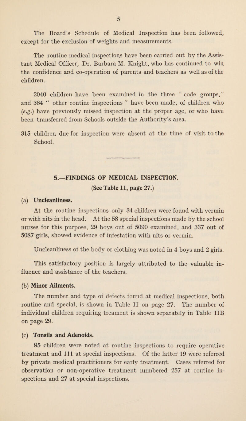 The Board’s Schedule of Medical Inspection has been followed, except for the exclusion of weights and measurements. The routine medical inspections have been carried out by the Assis¬ tant Medical Officer, Dr. Barbara M. Knight, who has continued to win the confidence and co-operation of parents and teachers as well as of the children. 2040 children have been examined in the three “ code groups,” and 364 “ other routine inspections ” have been made, of children who (e.g.) have previously missed inspection at the proper age, or who have been transferred from Schools outside the Authority’s area. 315 children due for inspection were absent at the time of visit to the School. 5.—FINDINGS OF MEDICAL INSPECTION. (See Table 11, page 27.) (a) Uncleanliness. At the routine inspections only 34 children were found with vermin or with nits in the head. At the 58 special inspections made by the school nurses for this purpose, 29 boys out of 5090 examined, and 337 out of 5087 girls, showed evidence of infestation with nits or vermin. Uncleanliness of the body or clothing was noted in 4 boys and 2 girls. This satisfactory position is largely attributed to the valuable in¬ fluence and assistance of the teachers. (b) Minor Ailments. The number and type of defects found at medical inspections, both routine and special, is shown in Table II on page 27. The number of individual children requiring treament is shown separately in Table IIB on page 29. (c) Tonsils and Adenoids. 95 children were noted at routine inspections to require operative treatment and 111 at special inspections. Of the latter 19 were referred by private medical practitioners for early treatment. Cases referred for observation or non-operative treatment numbered 257 at routine in¬ spections and 27 at special inspections.