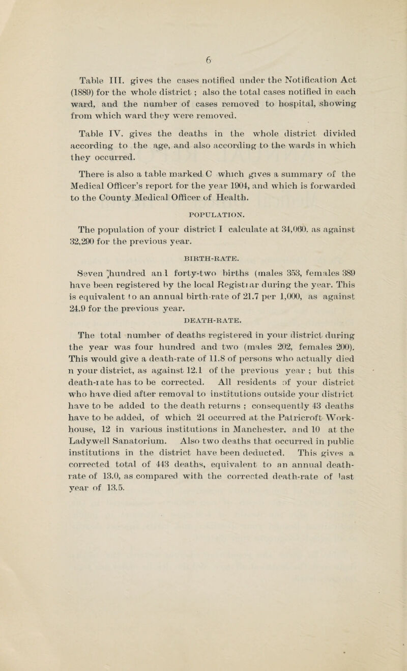 Table III. gives the cases notified under the Notification Act (1889) for the whole district ; also the total cases notified in each ward, and the number of cases removed to hospital, showing from which ward they were removed. Table IV. gives the deaths in the whole district divided according to the age, and also according to the wards in which they occurred. There is also a table marked C which gives a summary of the Medical Officer’s report for the year 1901, and which is forwarded to the County Medical Officer of Health. POPULATION. The population of your district I calculate at 34,060. as against 32,290 for the previous year. BIRTH-RATE. Seven ^hundred and forty-two births (males 353, females 389 have been registered by the local Registiar during the year. This is equivalent to an annual birth rate of 21.7 per 1,000, as against 24.9 for the previous year. DEATH-RATE. The total number of deaths registered in your district during the year was four hundred and two (males 202, females 200). This would give a death-rate of 11.8 of persons who actually died n your district, as against 12.1 of the previous year; but this death-rate has to be corrected. All residents of your district who have died after removal to institutions outside your district have to be added to the death returns ; consequently 43 deaths have to be added, of which 21 occurred at the Palricroft Work- house, 12 in various institutions in Manchester, and 10 at the Ladywell Sanatorium. Also two deaths that occurred in public institutions in the district have been deducted. This gives a corrected total of 443 deaths, equivalent to an annual death- rate of 13.0, as compared with the corrected death-rate of last year of 13.5.