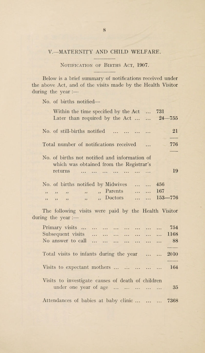 TABLE III.—continued. Sub-Entries included in the Foregoing Figures. Cerebro-Spinal Meningitis Poliomyelitis Lobar Pneumonia 9 1 2 2 2 2 3 1 1 4 Acute Croupous Pneumonia 2 1 1 1 1 Pneumonia . 7 1 3 2 1 2 3 1 1 Acute Pneumonia . 7 1 1 2 2 1 3 1 3 TABLE A. COUNTY OF LANCASTER. Urban District of Stretford. Particulars to be included in the ANNUAL REPORT OF THE MEDICAL OFFICER OF HEALTH For the Year 1921. 1.—General Statistics. Area (acres), 3,239|-. Population (1921), 47,030. Number of inhabited houses (1921), 10,740. Number of families or separate occupiers (1921) ? Rateable value, ^449,367 5s. Od. Sum represented by a penny rate, ^1,933 5s. 5d. 2.—Extracts from Vital Statistics of the Year 1921. Births. Legitimate—Males, 436 ; Females, 406 ; Total, 842. Illegitimate—Males, 13 ; Females, 16 ; Total, 29. Deaths. Males, 262 ; Females, 262 ; Total, 524. Number of women dying in, or in consequence of, childbirth. From sepsis, 2 ; from other causes, 1. Deaths of Infants under one year of age. Legitimate, 45 ; Illegitimate, 4 ; Total, 49. Deaths from Measles (all ages), Nil. Whooping Cough (all ages), 4. Diarrhoea (under 2 years of age), 5. Specify any unusual or excessive mortality during the year which has received or required comment. None. Rates per 1,000 of Population. Rate of deaths Phthisis under 1 year Birth¬ Death- Death- to 1,000 rate. rate. rate. Births. 1921 . 18.5 11.1 0.97 56.3 1920 . 18.2 10.3 0.88 55 Mean of 10 years, 1911-1920 .. 15.8 Increase or Decrease in 1921 on—- 11.6 0.88 76 Previous Year . +0.3 + 0.8 + 0.09 + 1 Ten Year’s Average . +2.7 + Increase. = = 0.5 Decrease. + 0.09 = 20