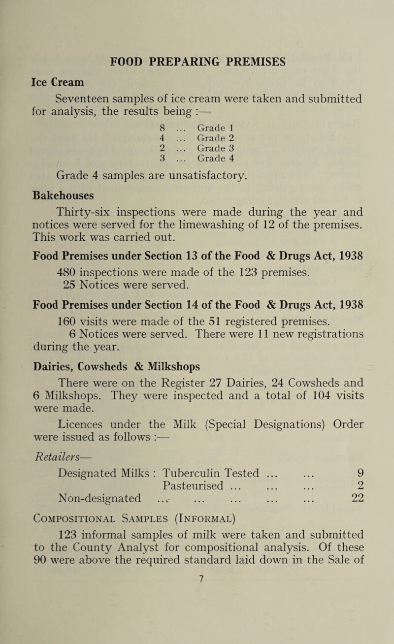 A total of 988 visits were made to these premises for the purpose of examining the meat, organs, etc. The total amount of meat condemned, including the organs of carcases condemned during the year was 20 tons 11 cwt. 3 qrs., including the carcases of 44 cows, 10 heifers, 5 steers, 4 bulls, 3 calves, 6 sheep, 17 pigs, and 3 sows : part carcases consisting of 18 forequarters of beef, 13 part fore¬ quarters of beef, 8 hindquarters of beef, 54 part hindquarters of beef, 14 portions of beef, 30 portions of mutton, 22 portions of pork and parts of carcases of imported beef. Following is a detailed analysis of carcases inspected :— Cattle excluding cows Cows Calves Sheep and Lambs Pigs Number killed Number inspected 1,618 1,618 668 668 1,812 1,812 8,901 8,901 2,476 2,476 All diseases except Tuberculosis— Whole carcases condemned 3 13 3 6 14 Carcases of which some part or organ was con¬ demned ... 314 168 12 1,085 43 Percentage of the number inspected affected with disease other than Tuber¬ culosis 19.6% 27.1% 1.0% 12.3% 2.3% Tuberculosis only— Whole carcases condemned 16 31 — — 6 Carcases of which some part or organ was condemned 217 288 — — 182 Percentage of the number inspected affected with Tuberculosis 14.4% 40.8% — — 7.6% Other Foods The food shops in the town have been visited frequently for the purpose of inspecting tinned foods, etc., and the follow- quantities have been condemned during the year :—