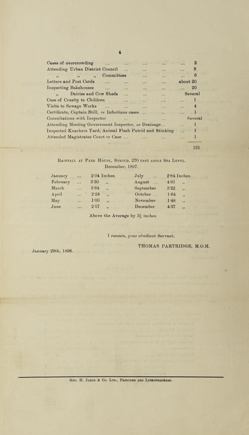 Cases of overcrowding ... ... ... ... 3 Attending Urban District Council ... ... ... ... 9 „ „ ,, Committees ... ... ... 6 Letters and Post Cards ... ... ... ... about 20 Inspecting Bakehouses ... .... ... ... ... 20 „ Dairies and Cow Sheds ... ... ... Several Case of Cruelty to Children ... ... ... ... 1 Visits to Sewage Works ... ... ... ... ... 4 Certificate, Captain Still, re Infectious cases ... ... ... 1 Consultations with Inspector .., ... ... Several Attending Meeting Government Inspector, ae Drainage... ... 1 Inspected Knackers Yard,-Animal Flesh Putrid and Stinking ... 1 Attended Magistrates Court re Case ... ... ... ... 1 Lok ww Rainfall at Parr House, Stroud, 270 feet aroi.e Sfa Level. December, 1897. January 2 04 Inches. July 2'84 Inches. February 3-30 August ... 4-81 „ March 3-84 September 3-22 „ April 2-24 JJ October ... 1-64 „ May 1-00 >5 November P48 „ June 2-57 51 December 4-37 „ Above the Average by 3^ inches January 29th, 1898. I remain, your obedient Servant, THOMAS PARTRIDGE, M.O.H. Geo. H. James & Co. Ltd., Printers and Lithographers.