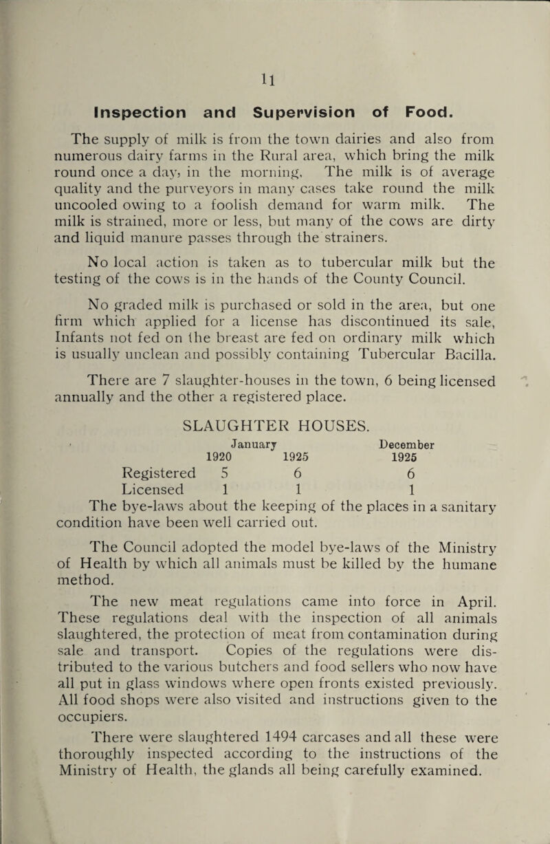 Inspection and Supervision of Food. The supply of milk is from the town dairies and also from numerous dairy farms in the Rural area, which bring the milk round once a day, in the morning, The milk is of average quality and the purveyors in many cases take round the milk uncooled owing to a foolish demand for warm milk. The milk is strained, more or less, but many of the cows are dirty and liquid manure passes through the strainers. No local action is taken as to tubercular milk but the testing of the cows is in the hands of the County Council. No graded milk is purchased or sold in the area, but one firm which applied for a license has discontinued its sale, Infants not fed on the breast are fed on ordinary milk which is usually unclean and possibly containing Tubercular Bacilla. There are 7 slaughter-houses in the town, 6 being licensed annually and the other a registered place. SLAUGHTER HOUSES. January December 1920 1925 1925 Registered 5 6 6 Licensed 11 1 The bye-laws about the keeping of the places in a sanitary condition have been well carried out. The Council adopted the model bye-laws of the Ministry of Health by which all animals must be killed by the humane method. The new meat regulations came into force in April. These regulations deal with the inspection of all animals slaughtered, the protection of meat from contamination during sale and transport. Copies of the regulations were dis¬ tributed to the various butchers and food sellers who now have all put in glass windows where open fronts existed previously. All food shops were also visited and instructions given to the occupiers. There were slaughtered 1494 carcases and all these were thoroughly inspected according to the instructions of the Ministry of Health, the glands all being carefully examined.