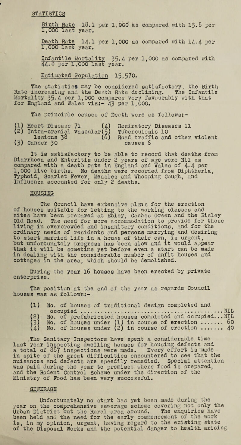 STATISTICS Birth Rate 18.1 per l,00d as compared with Ip. 8 per 1,000 last year. Death Rate 14.I per 1,000 as compared with 14.4 per 1,000 last year. Infantile Mortality 35* 4 per 1,000 as compared with 44.8 per 1,000 last year. Estimated Population 15,570. The statistics may he considered satisfactory, the Birth Rate increasing and the Death Rate declining. The Infantile Mortality 35-4 per 1,000 compares very favourably with that for England and Wales viz.*- 43 per 1,000. The principle causes of Death were as follows:- (1) Heart Disease 71 (4 (2) Intra-cranial vascular(5 lesions 38 (0 (5) Cancer 30 Resiratory Diseases 11 Tuberculosis 10 Road traffic and other violent causes 6 It is satisfactory to be able to record that deaths from Diarrhoea and Enteritis under 2 years of age were Nil as compared with a death rate in England and Wales of 4-4 per 1,000 live births. No deaths were recorded from Diphtheria, Typhoid, Scarlet Fever, Measles and Whooping Cough, and Influenza accounted for only 2 deaths. HOUSING The Council have extensive plans for the erection of houses suitable for letting to the working classes and sites have been prepared at Ebley, Cashes Green and the Bisley Old Road. The need for more accommodation to provide for those living in overcrowded and insanitary conditions, and for the ordinary needs of residents and persons marrying and desiring to start married life in a house of their own? is urgent, but unfortunately progress has been slow and it would appear that it will be sometime yet before even a start can be made in dealing with the considerable number of unfit houses and cottages in the area, which should be demolished. During the year l6 houses have been erected by private enterprise. The position at the end of the year as regards Council houses was as follow's j- (1) No. of houses of traditional design comoleted and occupied ..NIL (2) No. of prefabricated houses completed and occupied...NIL (3) No. of houses under (l) in course of erection . 60 (4) No. of houses under (2) in course of erection . 40 The Sanitary Inspectors have spent a considerable time last year inspecting dwelling houses for housing defects and a total of 887 inspections were made. Every effort is made in spite of the great difficulties encountered to see that the nuisances and defects are speedily remedied. Special attention was paid during the year to premises where food is prepared, and the Rodent Control Scheme under the direction of the Ministry of Food has been very successful. SEWERAGE Unfortunately no start has yet been made during the year on the comprehensive sewerage scheme covering not only the Urban District but the Rural area around. The enquiries have been held and the need for the early commencement of the work is, in my opinion, urgent, having regard to the existing state of the Disposal Works and the potential danger to health arising