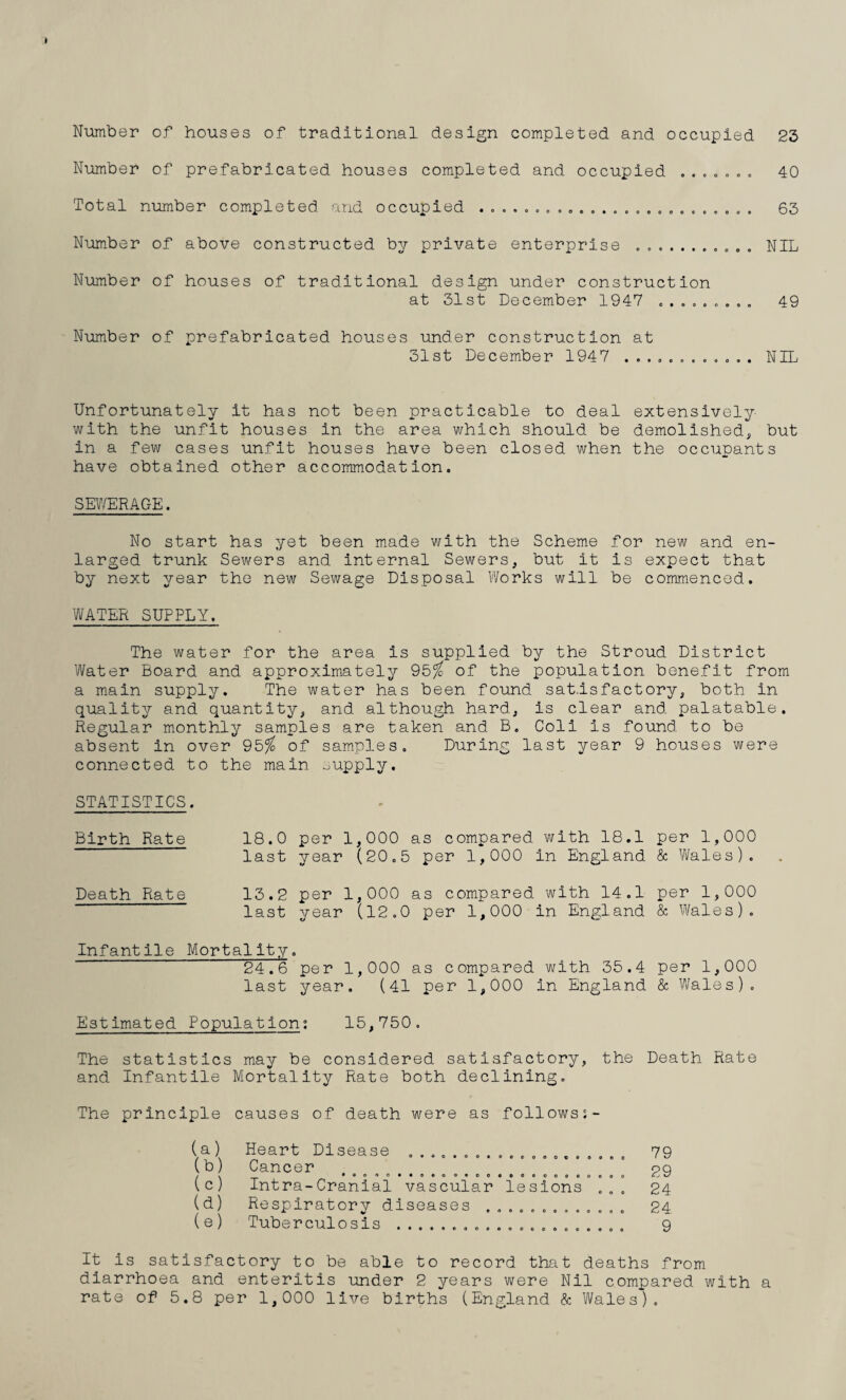 Number of houses of traditional design completed and occupied 25 Number of prefabricated houses completed and occupied ....... 40 Total number completed and occupied ......................... 63 Number of above constructed by private enterprise ........... NIL Number of houses of traditional design under construction at 31st December 1947 ......... 49 Number of prefabricated houses under construction at 31st December 1947 ............ NIL Unfortunately it has not been practicable to deal extensively with the unfit houses in the area which should be demolished, but in a few cases unfit houses have been closed when the occupants have obtained other accommodation. SEWERAGE. No start has yet been made with the Scheme larged trunk Sewers and internal Sewers, but It by next year the new Sewage Disposal Works will for new and en¬ ds expect that be commenced. WATER SUPPLY. The water for the area is supplied by the Stroud District Water Board and approximately 95% of the population benefit from a main supply. The water has been found satisfactory, both in quality and quantity, and although hard, is clear and palatable. Regular monthly samples are taken and B. Coli is found to be absent in over 95% of samples. During last year 9 houses were connected to the main supply. STATISTICS. Birth Rate Death Rate 18.0 per 1,000 as compared with 18.1 per 1,000 last year (20.5 per 1,000 in England & Wales). 13.2 per 1,000 as compared with 14.1 per 1,000 last year (12.0 per 1,000 in England & Wales). Infantile Mortality, 24.6 per 1,000 as compared with 35.4 per 1,000 last year. (41 per 1,000 in England & Wales). Estimated Population: 15,750. The statistics may be considered satisfactory, the Death Rate and Infantile Mortality Rate both declining. The principle causes of death were as follows;- (b) (c) (d) (e) Heart Disease ........ Cancer • OoftOOOOOOOOOO Intra-Cranial vascular Respiratory diseases . Tuberculosis ..... 0COOOCOOOOO 00000000000 lesions ... 00000000900 79 29 24 24 9 It is satisfactory to be able to record that deaths from diarrhoea and enteritis under 2 years were Nil compared with a rate of 5.8 per 1,000 live births (England & Wales).