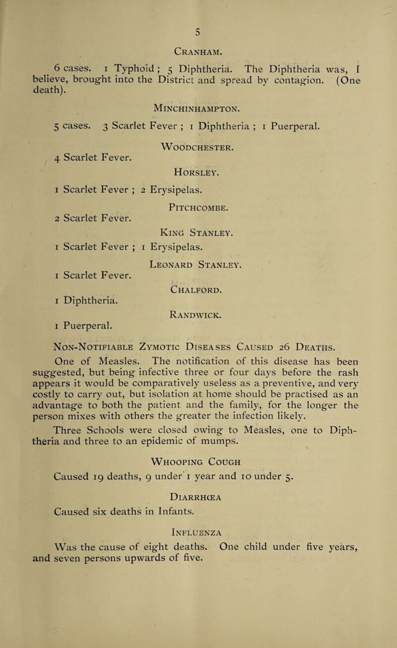 Cranham. 6 cases, i Typhoid ; 5 Diphtheria. The Diphtheria was, I believe, brought into the District and spread by contagion. (One death). Minchinhampton. 5 cases. 3 Scarlet Fever ; 1 Diphtheria ; 1 Puerperal. 4 Scarlet Fever. WOODCHESTER. Horsley. 1 Scarlet Fever ; 2 Erysipelas. 2 Scarlet Fever. 1 Scarlet Fever ; 1 Scarlet Fever. 1 Diphtheria. 1 Puerperal. Pitchcombe. King Stanley. Erysipelas. Leonard Stanley. Chalford. Randwick. Non-Notifiable Zymotic Diseases Caused 26 Deaths. One of Measles. The notification of this disease has been suggested, but being infective three or four days before the rash appears it would be comparatively useless as a preventive, and very costly to carry out, but isolation at home should be practised as an advantage to both the patient and the family, for the longer the person mixes with others the greater the infection likely. Three Schools were closed owing to Measles, one to Diph¬ theria and three to an epidemic of mumps. Whooping Cough Caused 19 deaths, 9 under 1 year and 10 under 5. Diarrhcea Caused six deaths in Infants. Influenza Was the cause of eight deaths. One child under five years, and seven persons upwards of five.