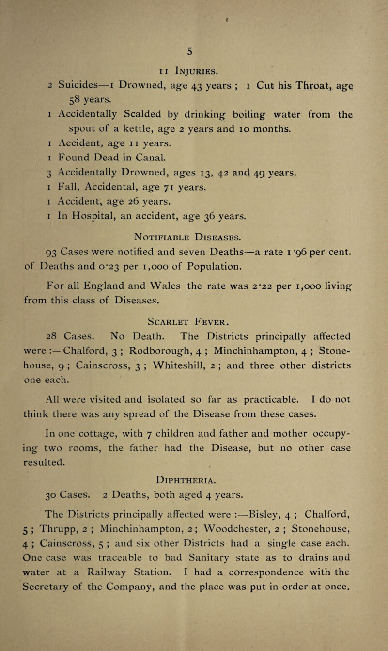 I specially reported the supply at Horsley Village and the “Be Thankful Fountain ” last February, and I am informed that an order has been given to make the necessary improvements. I have chemically examined 38 samples from different places and found several that, in my opinion, were not potable, and advised the opinion of the County Analyst to be taken. The Inspection of Cowsheds and Dairies is carried out by the Inspectors, and, where necessary, I visit with them. In a few instances I have found great inattention to general cleanliness and ventilation of the buildings and surroundings. Abstract of Visits and Cases from Medical Officer’s Journal. Dwelling Houses foul and badly drained Visits to Schools Closing Schools 4 9 Water Supply Defective Samples of Water Examined Pollution of Streams... Overcrowding... Reports to Local Government Board Reports to County Council ... Reports, Special, Horsley ... Visits to District 5 51 4 2 2 1 3 70 Cases of Illness visited as to Sanitary state :— Typhoid ... Diphtheria Erysipelas Puerperal Fever ... Scarlet Fever Membranous Croup Attending Council Meetings Letters and Post Cards Special Consultations Animals kept so as to be a nuisance Inspecting Open Cesspit, Cainscross Inspection of Bakehouses ... 7 3° 24 3 28 !—93 8 104 several several 2 12