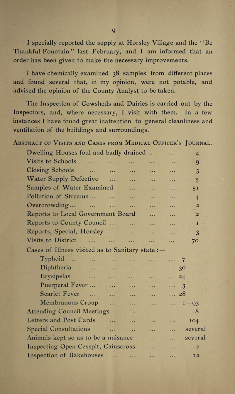 In the early part of the year 1891, the Infectious Diseases Compulsory Notification Act was adopted in the district. The number of cases dealt with in each year since its adoption were as follows :— Year. No. of Cases. 1891 130 1892 80 1893 47 1894 24 ^95 28 1896 17 1897 36 00 ON 00 t—( 37 Total ... 399 At the early part of the year I was instructed by the Council to take legal proceedings against an owner of property situate at Painswick for allowing a nuisance to exist. The Magistrates made an order with costs against the defendant directing him to cause the nuisance to be abated within 10 days, in default a penalty of Ten Shillings per day. The owner then set to work and abated the nuisance forthwith. In making reference to Painswick, I cannot let this Report pass by without again drawing your serious attention to the in¬ sanitary state of the town. I have on many occasions drawn attention to the condition of the filthy old rough, dry, stone-walled sewers existing in every street throughout the town. In many places the stone covering is only a few inches underneath the surface. The earth forms the inside bottom of every sewer in the place. They are never flushed until very heavy rains occur. The brook receives every partical of discharge from them, in fact the whole system is bad from beginning to end. The long talked of water supply for the use of the inhabitants of this town has not yet come to hand, and the question of scavinging seems to have fallen through altogether.