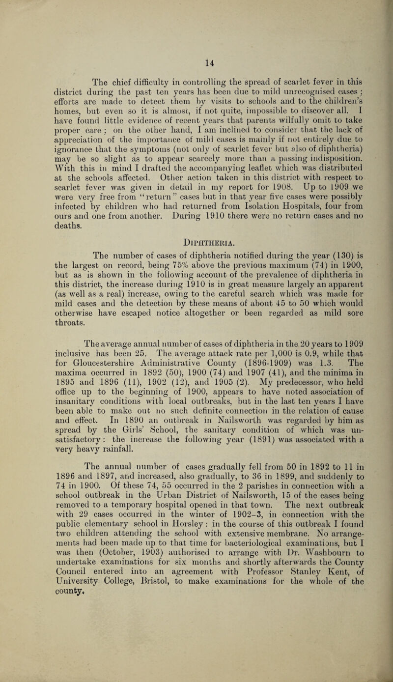 The chief difficulty in controlling the spread of scarlet fever in this district during the past ten years has been due to mild unrecognised cases ; efforts are made to detect them by visits to schools and to the children’s homes, but even so it is almost, if not quite, impossible to discover all. I have found little evidence of recent years that parents wilfully omit to take proper care : on the other hand, I am inclined to consider that the lack of appreciation of the importance of mild cases is mainly if not entirely due to ignorance that the symptoms (not oidy of scarlet fever but also of diphtheria) may be so slight as to appear scarcely more than a passing indisposition. With this in mind I drafted the accompanying leaflet which was distributed at the schools affected. Other action taken in this district with respect to scarlet fever was given in detail in my report for 1908. Up to 1909 we were very free from “return” cases but in that year five cases were possibly infected by children who had returned from Isolation Hospitals, four from ours and one from another. During 1910 there were no return cases and no deaths. Diphtheria. The number of cases of diphtheria notified during the year (130) is the largest on record, being 75% above the previous maximum (74) in 1900, but as is shown in the following account of the prevalence of diphtheria in this district, the increase din ing 1910 is in great measure largely an apparent (as well as a real) increase, owing to the careful search which was made for mild cases and the detection by these means of about 45 to 50 which would otherwise have escaped notice altogether or been regarded as mild sore throats. The average annual number of cases of diphtheria in the 20 years to 1909 inclusive has been 25. The average attack rate per 1,000 is 0.9, while that for Gloucestershire Administrative County (1896-1909) was 1.3. The maxima occurred in 1892 (50), 1900 (74) and 1907 (41), and the minima in 1895 and 1896 (11), 1902 (12), and 1905 (2). My predecessor, who held office up to the beginning of 1900, appears to have noted association of insanitary conditions with local outbreaks, but in the last ten years I have been able to make out no such definite connection in the relation of cause and effect. In 1890 an outbreak in Nails worth was regarded by him as spread by the Girls’ School, the sanitary condition of which was un¬ satisfactory: the increase the following year (1891) was associated with a very heavy rainfall. The annual number of cases gradually fell from 50 in 1892 to 11 in 1896 and 1897, and increased, also gradually, to 36 in 1899, and suddenly to 74 in 1900. Of these 74, 55 occurred in the 2 parishes in connection with a school outbreak in the Urban District of Nails worth, 15 of the cases being removed to a temporary hospital opened in that town. The next outbreak with 29 cases occurred in the winter of 1902-3, in connection with the public elementary school in Horsley : in the course of this outbreak I found two children attending the school with extensive membrane. No arrange¬ ments had been made up to that time for bacteriological examinations, but I was then (October, 1903) authorised to arrange with Dr. Wash bourn to undertake examinations for six months and shortly afterwards the County Council entered into an agreement with Professor Stanley Kent, of University College, Bristol, to make examinations for the whole of the county.