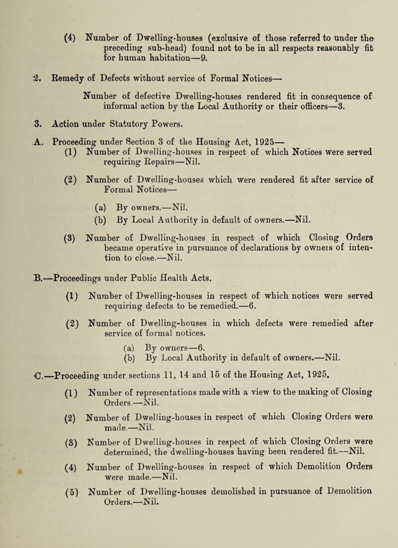 (4) Number of Dwelling-houses (exclusive of those referred to under the preceding sub-head) found not to be in all respects reasonably fit for human habitation—9. 2. Remedy of Defects without service of Formal Notices— Number of defective Dwelling-houses rendered fit in consequence of informal action by the Local Authority or their officers—3. 3. Action under Statutory Powers. A. Proceeding under Section 3 of the Housing Act, 1925— (1) Number of Dwelling-houses in respect of which Notices were served requiring Repairs—Nil. (2) Number of Dwelling-houses which were rendered fit after service of Formal Notices— (a) By owners.—Nil. (b) By Local Authority in default of owners.—Nil. (3) Number of Dwelling-houses in respect of which Closing Orders became operative in pursuance of declarations by owneis of inten¬ tion to close.—Nil. B. —Proceedings under Public Health Acts. (1) Number of Dwelling-houses in respect of which notices were served requiring defects to be remedied.—6. (2) Number of Dwelling-houses in which defects were remedied after service of formal notices. (a) By owners—6. (b) By Local Authority in default of owners.—Nil. C. —Proceeding under sections 11, 14 and 15 of the Housing Act, 1925. (1) Number of representations made with a view to the making of Closing Orders.—Nil. (2) Number of Dwelling-houses in respect of which Closing Orders were made.—Nil. (3) Number of Dwelling-houses in respect of which Closing Orders were determined, the dwelling-houses having been rendered fit.—Nil. (4) Number of Dwelling-houses in respect of which Demolition Orders were made.—Nil. (5) Number of Dwelling-houses demolished in pursuance of Demolition Orders.—Nil.