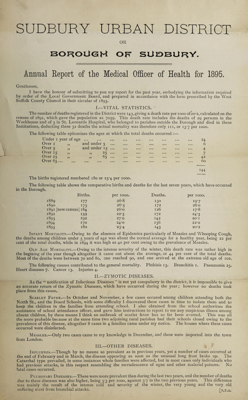 SUDBURY URBAN DISTRICT OR bo^oUgH of sUdbUrY. Annual Report of the Medical Officer of Health for 1895. Gentlemen, I have the honour of submitting to you my report for the past year, embodying the information required by order of the Local Government Board, and prepared in accordance with the form prescribed by the West Suffolk County Council in their circular of 1893. I.—VITAL STATISTICS. The number of deaths registered in the District were 143, giving a death rate per 1000 of 20-2, calculated on the census of 1891, which gave the population as 7059. This death rate includes the deaths of 29 persons in the Workhouse and of 3 in St. Leonards Hospital, who belonged to parishes outside the Borough and died in these Institutions, deducting these 32 deaths the actual mortality was therefore only 111, or 15-7 per 1000. The following table epitomises the ages at which the total deaths occurred :— Under 1 year of age Over i ,, Over 5 „ Over 15 „ Over 25 „ Over 65 ... and under 5 and under is » 25 „ 65 24 6 4 7 42 60 r44 The births registered numbered 180 or 25-4 per 1000. The following table shows the comparative births and deaths for the last seven years, which have occurred in the Borough. Births. per 1000. Deaths. per 1000. 1889 177 26-8 130 197 1890 175 26-5 172 260 1891 [new census] 184 26-0 126 17-8 1892 159 22-5 172 24'3 1893 192 27-0 142 20’ I 1894 170 24*0 J56 22-0 1895 180 25-4 143 20*2 Infant Mortality.—Owing to the absence of Epidemics particularly of Measles and Whooping Cough, the deaths among children under 5 years of age was about the normal average for a healthy year, being 22 per cent of the total deaths, while in 1894 it was high as 40 per cent owing to the prevalence of Measles. Old Age Mortality.—Owing to the intense severity of the winter, this death rate was rather high in the begining of the year though altogether it came out about the average, or 44 per cent of the total deaths. Most of the deaths were between 70 and 80, one reached 90, and one arrived at the extreme old age of 102. The following causes contributed to the general mortality. Phthisis 13. Bronchitis 1. Pneumonia 25. Heart diseases 7. Cancer 13. Injuries 4. II.—ZYMOTIC DISEASES. As the “ notification of Infectious Diseases ” is not yet compulsory in the district, it is impossible to give an accurate return of the Zymotic Diseases, which have occurred during the year; however no deaths took place from this cause. Scarlet Fever.—In October and November, a few cases occured among children attending both the North St., and the Board Schools, with some difficulty I discovered these cases in time to isolate them and to keep the children in the families from attending school. I also obtained from the school authorities the assistance of school attendance officer, and gave him instructions to report to me any suspicious illness among absent children, by these means I think an outbreak of scarlet fever has so far been averted. This was all the more probable because at the same time two adjoining rural parishes had their schools closed owing to the prevalence of this disease, altogether 8 cases in 4 families came under my notice. The houses where these cases occurred were disinfected. Measles.—Only two cases came to my knowledge in December, and these were imported into the town from London. III.—OTHER DISEASES. Influenza.—Though by no means so prevalent as in previous years, yet a number of cases occurred at the end of February and in March, the disease appearing as soon as the unusual long frost broke up. The Catarrhal type prevailed, in some instances whole families were affected, but in most cases only individuals who had previous attacks, in this respect resembling the recrudescence of ague and other malarial poisons. No fatal cases occurred. Pulmonary Diseases.—These were more prevalent than during the last two years, and the number of deaths due to these diseases was also higher, being 53 per 1000, against 3*7 in the two previous years. This difference was mainly the result of the intense cold and severity of the winter, the very young and the very old suffering most from bronchial attacks. . [p.t.o.