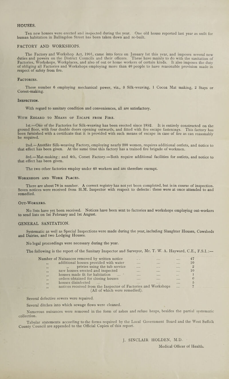 HOUSES. Ten new houses were erected and inspected during the year. One old house reported last year as unfit for human habitation in Ballingdon Street has been taken down and re-built. FACTORY AND WORKSHOPS. The Factory and Workshop Act, 1901, came into force on January 1st this year, and imposes several new duties and powers on the District Councils and their officers. These have mainly to do with the sanitation of Factories, Workshops, Workplaces, and also of out or home workers of certain kinds. It also imposes the duty of obliging all Factories and Workshops employing more than 40 people to have reasonable provision made in respect of safety from fire. Factories. These number 6 employing mechanical power, viz., 3 Silk-weaving, 1 Cocoa Mat making, 2 Stays or Corset-making. Inspection. With regard to sanitary condition and conveniences, all are satisfactory. With Regard to Means of Escape from Fire. 1st.—One of the Factories for Silk-weaving has been erected since 1852. It is entirely constructed on the ground floor, with four double doors opening outwards, and fitted with fire escape fastenings. This factory has been furnished with a certificate that it is provided with such means of escape in case of fire as can reasonably be required. 2nd.—Another Silk-weaving Factory, employing nearly 200 women, requires additional outlets, and notice to that effect has been given. At the same time this factory has a trained fire brigade of workmen. 3rd.— Mat-making; and 4th, Corset Factory.—Both require additional facilities for outlets, and notice to that effect has been given. The two other factories employ under 40 workers and are therefore exempt. Workshops and Work Places. There are about 78 in number. A correct registry has not yet been completed, but is in course of inspection. Seven notices were received from H.M. Inspector with respect to defects: these were at once attended to and remedied. Out-Workers. No lists have yet been received. Notices have been sent to factories and workshops employing out-workers to send lists on 1st February and 1st August. GENERAL SANITATION. Systematic as well as Special Inspections were made during the year, including Slaughter Houses, Cowsheds and Dairies, and two Lodging Houses. No legal proceedings were necessary during the year. The following is the report of the Sanitary Inspector and Surveyor, Mr. T. W. A. Hayward, C.E., F.S.I.:— Number of Nuisances removed by written notice ... ... ... 47 ,, additional houses provided with water ... ... ... 10 ,, ,, privies using the tub service ... ... ... 2 ,, new houses erected and inspected ... ... ... 10 ,, houses made fit for habitation ... ‘ ... ... .. J ,, orders obtained for closing houses ... ... ... 0 ,, houses disinfected ... . ... ... ... 5 ,, notices received from the Inspector of Factories and Workshops ... 7 (All of which were remedied). Several defective sewers were repaired. Several ditches into which sewage flows were cleaned. Numerous nuisances were removed in the form of ashes and refuse heaps, besides the partial systematic collection. Tabular statements according to the forms required by the Local Government Board and the West Suffolk County Council are appended to the Official Copies of this report. J. SINCLAIR HOLDEN, M.D. Medical Officer of Health.