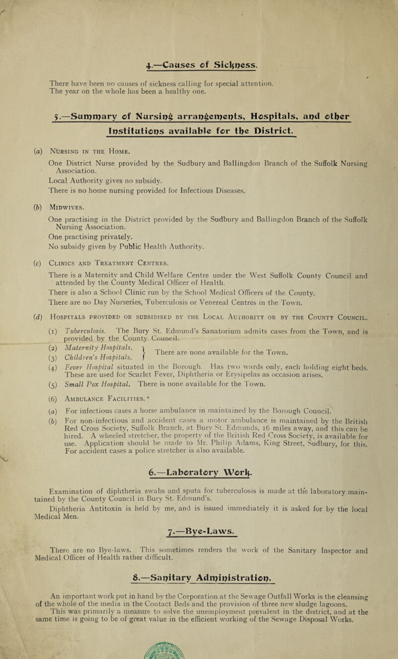 4.—Causes of Sielfpess. There have been no causes of sickness calling for special attention. The year on the whole has been a healthy one. —Sanjrpary of Nursii)£ arrai?4>ciT)ei?ts, Hospitals, ai)d other Institutions available for tl>e District. V (a) Nursing in the Home. One District Nurse provided by the Sudbury and Ballingdon Branch of the Suffolk Nursing Association. Local Authority gives no subsidy. There is no home nursing provided for Infectious Diseases. (ib) Midwives. One practising in the District provided by the Sudbury and Ballingdon Branch of the Suffolk Nursing x4ssociation. One practising privately. No subsidy given by Public Health Authority. (c) Clinics and Treatment Centres. There is a Maternity and Child Welfare Centre under the West Suffolk County Council and attended by the County Medical Officer of Health. There is also a School Clinic run bv the School Medical Officers of the County. There are no Day Nurseries, Tuberculosis or Venereal Centres in the Town. (d) . Hospitals provided or subsidised by the Local Authority or by the County Council. (i) Tuberculosis. The Bury St. Edmund’s Sanatorium admits cases from the Town, and is provided by the Count)- Council. Maternity Hospitals. j (2) (3) (4) (5) . , There are none available for the Town. Children s Hospitals. Fever Hospital situated in the Borough. Has two wards only, each holding eight beds. These are used for Scarlet Fever, Diphtheria or Erysipelas as occasion arises. Small Pox Hospital. There is none available for the Town. (6) Ambulance Facilities. * (a) For infectious cases a horse ambulance in maintained by the Borough Council. (b) For non-infectious and accident cases a motor ambulance is maintained by the British Red Cross Society, Suffolk Branch, at Burv St. Edmunds, 16 miles away, and this can be hired. A wheeled stretcher, the property of the British Red Cross Society, is available for use. Application should be made to Mr. Philip Adams, King Street, Sudbury, for this. For accident cases a police stretcher is also available. 6.—Laboratory Worlj. Examination of diphtheria swabs and sputa for tuberculosis is made at the laboratory main¬ tained by the County Council in Bury St. Edmund’s. Diphtheria Antitoxin is held by me, and is issued immediately it is asked for by the local Medical Men. 7.—Bye-Laws. There are no Bye-laws. This sometimes renders the work of the Sanitary Inspector and Medical Officer of Health rather difficult. 8.—Sanitary Adn?iiyistratiei>. An important work put in hand by the Corporation at the Sewage Outfall Works is the cleansing of the whole of the media in the Contact Beds and the provision of three new sludge lagoons. This was primarily a measure to solve the unemployment prevalent in the district, and at the same time is going to be of great value in the efficient working of the Sewage Disposal Works.