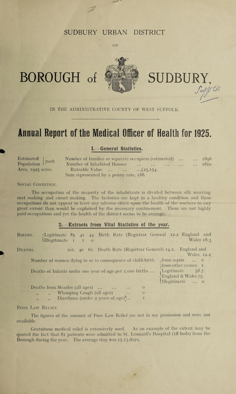 SUDBURY URBAN DISTRICT OR BOROUGH of SUDBURY, IN THE ADMINISTRATIVE COUNTY OF WEST SUFFOLK. Annual Report of the Medical Officer of Health for 1925. I.—General Statistics. Estimated Population Area, 1925 acres. Rateable Value ... ... ...£25,154. .Sum represented by a penny rate, £88. Social Condition. 17008. Number of families or separate occupiers (estimated) Number of Inhabited Houses 1896 1810 The occupation of the majority of the inhabitants is divided between silk weaving mat making and corset making. The factories are kept in a healthy condition and these occupations do not appear to have any adverse effect upon the health of the workers to any great extent than would be explained by the necessary confinement. These are not highly paid occupations and yet the health of the district seems to be average. 2.—Extracts from Vital Statistics of the year. Births. (Legitimate 85 41 44 Birth Rate (Registrar General 12.2 England and l Illegitimate 1 1 o Wales 18.3 Deaths. ioi 40 61 Death Rate (Registrar General) 14.2. England and Wales, 12.2 Number of women dying in or in consequence of child-birth (from sepsis ... o 1 from other causes 1 Deaths of Infants under one year of age per 1,000 births ... . Legitimate 58.7 - England & Wales 75. (illegitimate ... o Deaths from Measles (all ages) ... ... ... o ,, ,, Whooping Cough (all ages) ... o ,, ,, Diarrhoea (under 2 years of age)\.. 1 Poor Law Relief. The figures of the amount of Poor Law Relief are not in my possession and were not available. Gratuitous medical relief is extensively used. As an example of the extent may be quoted the fact that 81 patients were admitted to St. Leonard’s Hospital (18 beds) from the Borough during the year. The average stay was 15.13 days.
