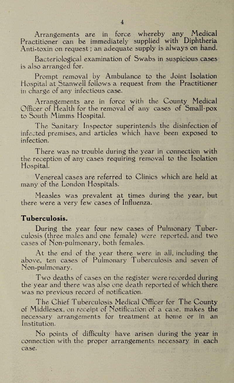 Arrangements are in force whereby any Medical Practitioner can be immediately supplied with Diphtheria Anti-toxin on request; an adequate supply is always on hand. Bacteriological examination of Swabs in suspicious cases is also arranged for. Prompt removal by Ambulance to the Joint Isolation Hospital at Stanwell follows a request from the Practitioner in charge of any infectious case. Arrangements are in force with the County Medical Officer of Health for the removal of any cases of Small-pox to South Mimms Hospital. The Sanitary Inspector superintends the disinfection of infected premises, and articles which have been exposed to infection. There was no trouble during the year in connection with the reception of any cases requiring removal to the Isolation Hospital. Venereal cases are referred to Clinics which are held at many of the London Hospitals. Measles was prevalent at times during the year, but there were a very few cases of Influenza. Tuberculosis. During the year four new cases of Pulmonary Tuber¬ culosis (three males and one female) were reported, and two cases of Non-pulmonary, both females. At the end of the year there were in all, including the above, ten cases of Pulmonarv Tuberculosis and seven of Non-pulmonary. Two deaths of cases on the register were recorded during the year and there was also one death reported of which there was no previous record of notification. The Chief Tuberculosis Medical Officer for The County of Middlesex, on receipt of Notification of a case, makes the necessary arrangements for treatment at home or in an Institution. No points of difficulty have arisen during the year in connection with the proper arrangements necessary in each case.