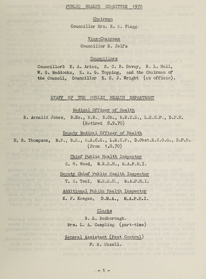 PUBLIC HEALTH COMMITTEE 1970 Chairman Councillor Mrs. E. k. Flagg. Vice-Chairman Councillor R. Jelfs Councillors Councillor^ E. A. Aries, S. C. B. Davey, R. L. Hall, W. G-. Maddooks, E. k. G-. Topping, and the Chairman of the Council, Councillor E. E. J. Wright (ex officio). STAFF OF THE PUBLIC HEALTH DEPARTMENT Medical Officer of Health R. Arnallt Jones, B.Sc„, M.B., B.Ch., M.R.C.S., L.R.C.Po, D.P.H. (Retired 8,9*70) Deputy Medical Officer of Health H. B. Thompson, M.B., B.S., L.R.C.S., L.R.C.P., D.Obst,R.C.0.&., D.P.H, (From 1,8.70) Chief Public Health Inspector C. W, Wood, M.R.S.H., M.A.P.H.I. Deputy Chief Public HeajLth Inspector T. A. Teal, M.R.S.H., M.A.P.H.I. Additional Public Health Inspector K. F. Keegan, D.M.A., M.A.P.H.I. Clerks B. S. Bedborough. Mrs. L. A. Campling (part-time) General Control) F. R. Uzzell.