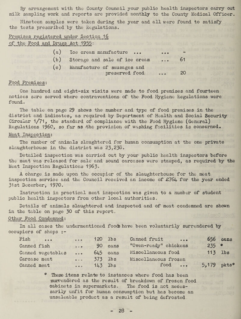 By arrangement with the County Council your public health inspectors carry out milk sampling work and reports are provided monthly to the County Medical Officer. Nineteen samples were taken during the year and all were found to satisfy the tests prescribed by the Regulations., Premises registered under Section 16 of the Food and Drugs Act 1955: (a) Ice cream manufacture o o © — 00 Storage and sale of ice cream o o o 61 (c) Manufacture of sausages and preserved food O 4» O 20 Food Premise s: One hundred and eight-six visits were made to food premises and fourteen notices sere served where contraventions of the Food Hygiene Regulations were foundo The table on page 29 shows the number and type of food premises in the district and indicates, as required by Department of Health and Social Security Circular 1/71, the standard of compliance with the Food Hygiene (General) Regulations I960, so far as dhc provision of washing facilities is concerned. Meat Inspection: The number of animals slaughtered for human consumption at the one private slaughterhouse in the district was 23,238. Detailed inspection was carried out by your public health inspectors before the meat was released for sale and sound carcases were stamped, as required by the Meat Inspection Regulations 1963° A charge is made upon the occupier of the slaughterhouse for the meat inspection service and the Council received an income of £764 for the year ended 31st Decerber, 1970. Instruction in practical meat inspection was given to a number of student public health inspectors from other local authorities. Details of animals slaughtered and inspected and of meat condemned are shown in the table on page 30 of this report. Other Food Condemned: In all cases the undermentioned foocfe have been voluntarily surrendered by occupiers of shops :- Fish o o o © o o 120 lbs Canned fruit 656 cans Canned fish ©CO 90 cans Oven-ready chickens 235 * Canned vegetables o © © 645 cans Miscellaneous food 113 lbs Carcase meat QoO 373 lbs Miscellaneous frozen Canned meat O O O 143 lbs food 5,179 pkts * These items relate to instances where food has been ■surrendered as the result of breakdown of frozen food cabinets in supermarkets. The food is net neces¬ sarily unfit for human consumption but has become an unsaleable product as a result of being defrosted