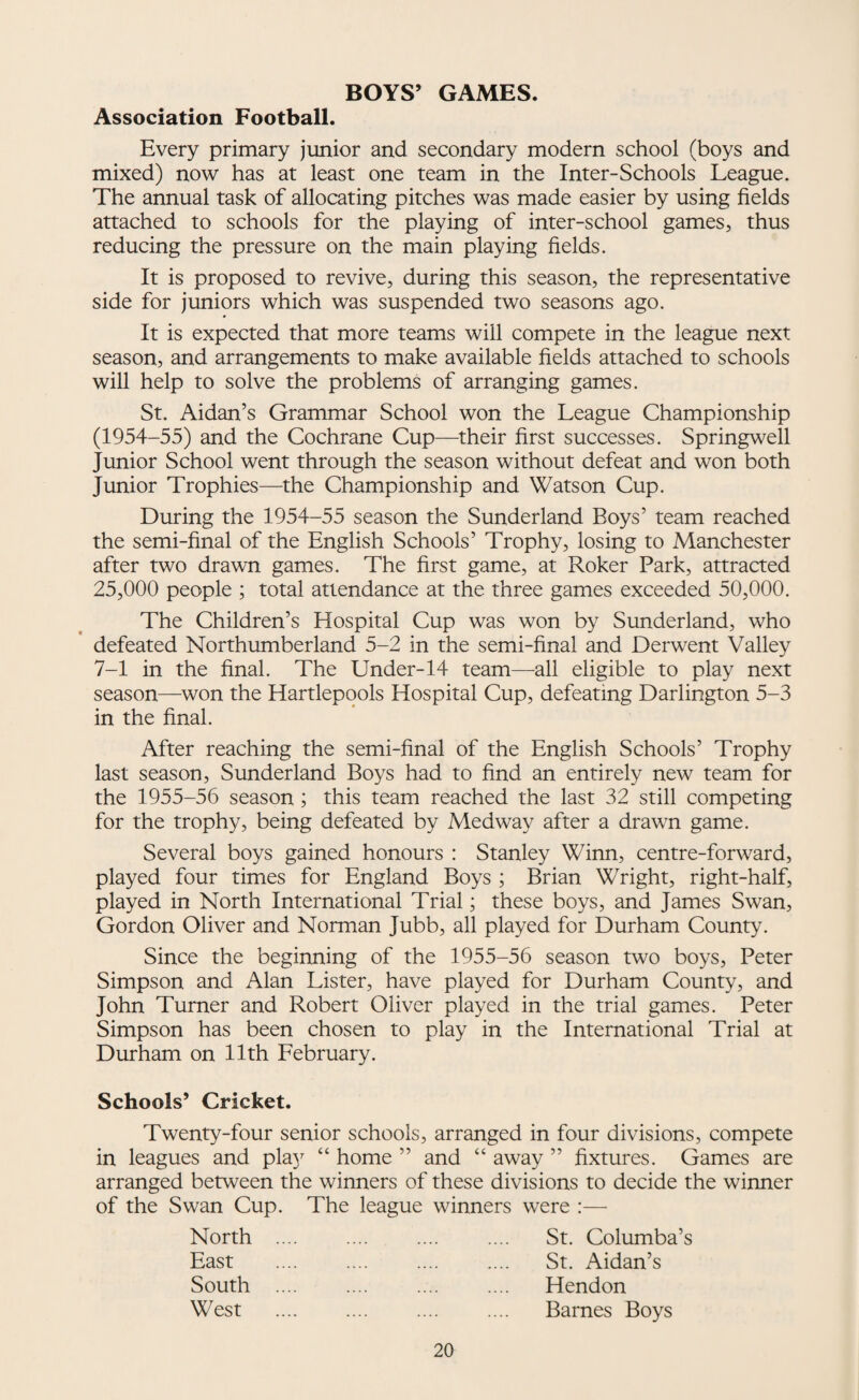 Opportunity Classes. Mr. McKie reports :— “ The second year of the Authority’s scheme of Opportunity Classes for retarded pupils of 11+ commenced on 6th September, 1954, 58 pupils (35 boys and 23 girls) being allocated to these classes Unfortunately, due to acute accommodation problems, it was impossible to organise more than four classes this year, instead of six previously available. The allocation procedure was, as before, based on the following principles :— (a) Preliminary grouping of all pupils who obtained quotients of 80 or less on the English and Arithmetic tests in the first part of the Authority’s examination for allocation to secondary schools (1954). (5) Careful re-test of individual children so as to ascertain both the nature and the amount of the retardation. (c) The exclusion of pupils showing such forms of maladjust¬ ment as to warrant specialised treatment at the Child Guidance Centre. Generally speaking, this in effect meant that entrants to Oppor¬ tunity Class teaching returned I.Q.’s of the nature of 70 to 89, besides showing retardation in Reading and Arithmetic amounting to more than two years at age 11. By July, increments in reading and in number had proved so satisfactory that 46 pupils (29 boys and 17 girls) were promoted to normal schooling in secondary modern schools. Two boys had left the district, leaving only 10 pupils (four boys and six girls). Of these 10 remaining in Opportunity Classes, four had already attained a reading age of 10+ but were still below standard in arithmetic, while three attained an arithmetic age of 10+ but were deficient in reading. Social and ethical values were again taken into account; ‘ attitude ’ and ‘ personality ’ were given significance in assessing educational rehabilitation. At all four schools it was found that the highest percentage for punctuality and for attendance was held by the pupils of the four Opportunity Classes.” The importance of the follow-up examinations of the pupils who do badly in the 7+ and 11+ tests is that plans can then be made for these pupils “ according to their ability.” The individual examination separates the bright retarded child from the inately dull, and the Remedial Centre in the case of the former, and the Oppor¬ tunity Classes for the latter, enable many of these to take their place successfully in the ordinary school. This year the follow-up of the 11+ was not accomplished, and only part of the 7+. With much diminished Psychological time available, less will be done next year unless there is an increase of staff or re-deployment of personnel.