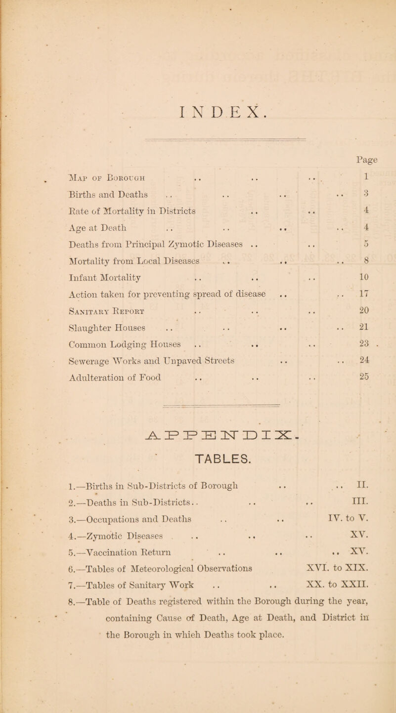 INDEX. Map of Borough Births and Deaths Bate of Mortality in Districts Age at Death Deaths from Principal Zymotic Diseases .. Mortality from Local Diseases Infant Mortality Action taken for preventing spread of disease Sanitary Beport Slaughter Houses Common Lodging Houses Sewerage Works and Unpaved Streets Adulteration of Food Page 1 3 4 4 5 8 10 17 20 21 23 . 24 25 APPENDIX. TABLES. 1. —Births in Sub-Districts of Borough .. II. 2. —Deaths in Sub-Districts.. .. -- III- 3. —Occupations and Deaths .. .. IV. to V. 4. —Zymotic Diseases .. .. • • XV. 5. —Vaccination Beturn .. .. .. XV. 6. —Tables of Meteorological Observations XVI. to XIX. 7. —Tables of Sanitary Work .. .. XX. to XXII. 8. —Table of Deaths registered within the Borough during the year, containing Cause orf Death, Age at Death, and District in the Borough in wliieh Deaths took place.