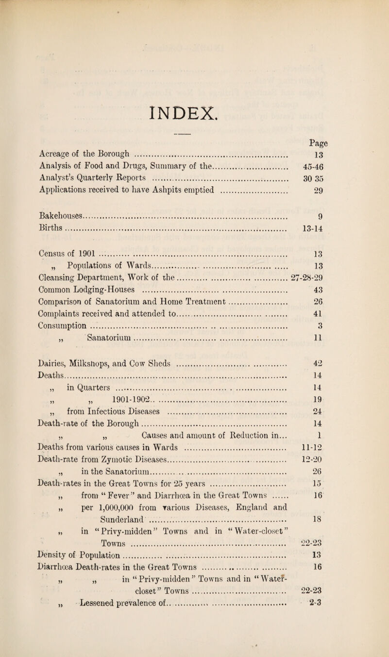 INDEX. Page Acreage of the Borough . 13 Analysis of Food and Drugs, Summary of the. 45-46 Analyst’s Quarterly Reports ... 30 35 Applications received to have Ashpits emptied . 29 Bakehouses. 9 Births. 13-14 Census of 1901 . 13 „ Populations of Wards.. . 13 Cleansing Department, Work of the. 27-28-29 Common Lodging-Houses . 43 Comparison of Sanatorium and Home Treatment. 26 Complaints received and attended to. 41 Consumption. 3 „ Sanatorium. . 11 Dairies, Milkshops, and Cow Sheds . 42 Deaths. 14 „ in Quarters . 14 „ „ 1901-1902.. .. 19 „ from Infectious Diseases . 24 Death-rate of the Borough. 14 „ „ Causes and amount of Reduction in... 1 Deaths from various causes in Wards .. 11-12 Death-rate from Zymotic Diseases. 12-20 „ in the Sanatorium. 26 Death-rates in the Great Towns for 25 years . 15 „ from “ Fever ” and Diarrhoea in the Great Towns . 16 „ per 1,000,000 from various Diseases, England and Sunderland .. 18 „ in “Privy-midden” Towns and in “Water-closet” Towns . 22-23 Density of Population. 13 Diarrhoea Death-rates in the Great Towns . 16 „ „ in “ Privy-midden ” Towns and in “ Water- closet” Towns... 22-23 „ Lessened prevalence of.. . 2-3