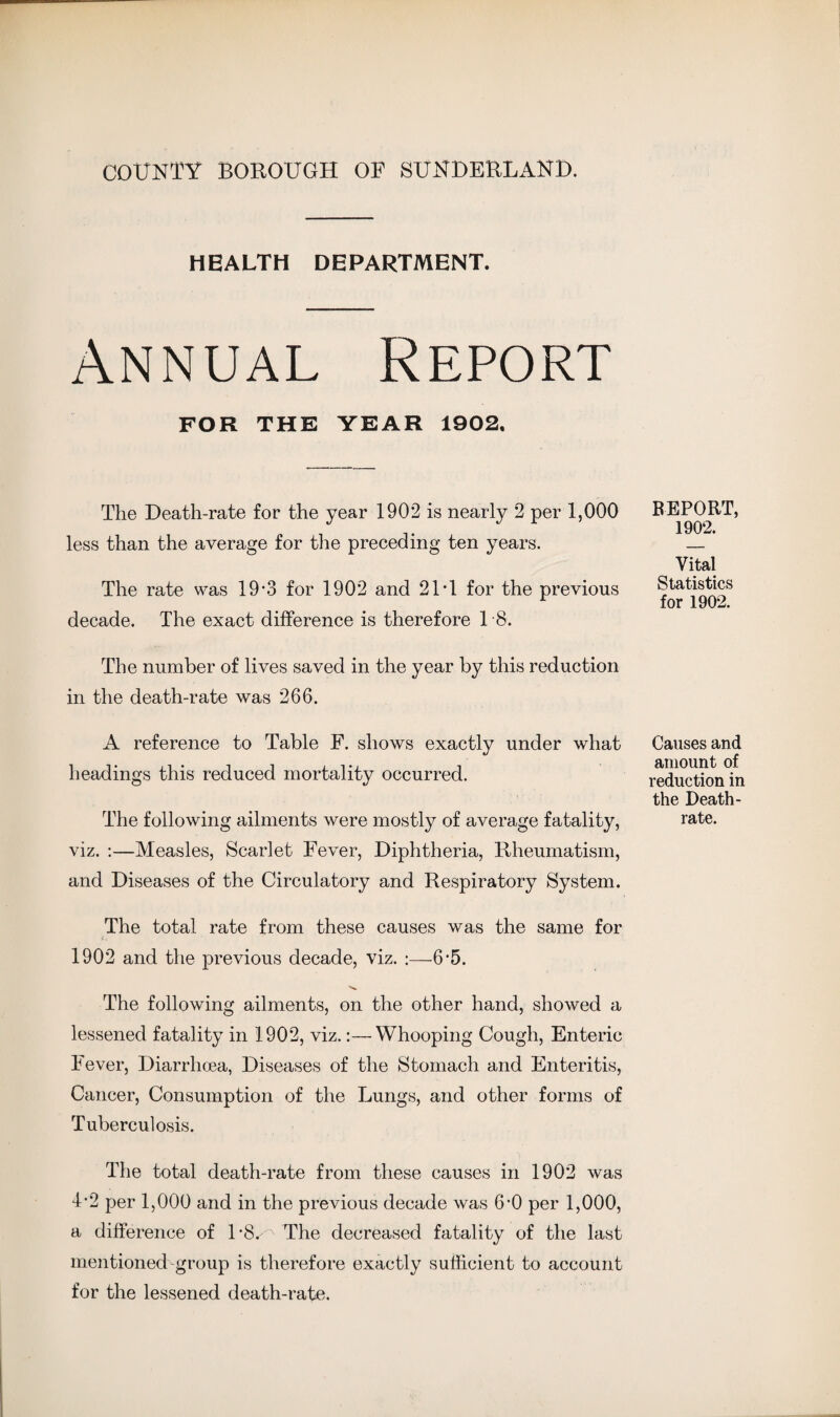 COUNTY BOROUGH OF SUNDERLAND. HEALTH DEPARTMENT. Annual Report FOR THE YEAR 1902. The Death-rate for the year 1902 is nearly 2 per 1,000 less than the average for the preceding ten years. The rate was 19*3 for 1902 and 21T for the previous decade. The exact difference is therefore 1 8. The number of lives saved in the year by this reduction in the death-rate was 266. A reference to Table F. shows exactly under what headings this reduced mortality occurred. The following ailments were mostly of average fatality, viz. :—Measles, Scarlet Fever, Diphtheria, Rheumatism, and Diseases of the Circulatory and Respiratory System. The total rate from these causes was the same for 1902 and the previous decade, viz. :—6 '5. The following ailments, on the other hand, showed a lessened fatality in 1902, viz.:—Whooping Cough, Enteric Fever, Diarrhoea, Diseases of the Stomach and Enteritis, Cancer, Consumption of the Lungs, and other forms of Tuberculosis. The total death-rate from these causes in 1902 was 4’2 per 1,000 and in the previous decade was 6’0 per 1,000, a difference of 1*8. The decreased fatality of the last mentioned-group is therefore exactly sufficient to account for the lessened death-rate. REPORT, 1902. Vital Statistics for 1902. Causes and amount of reduction in the Death- rate.