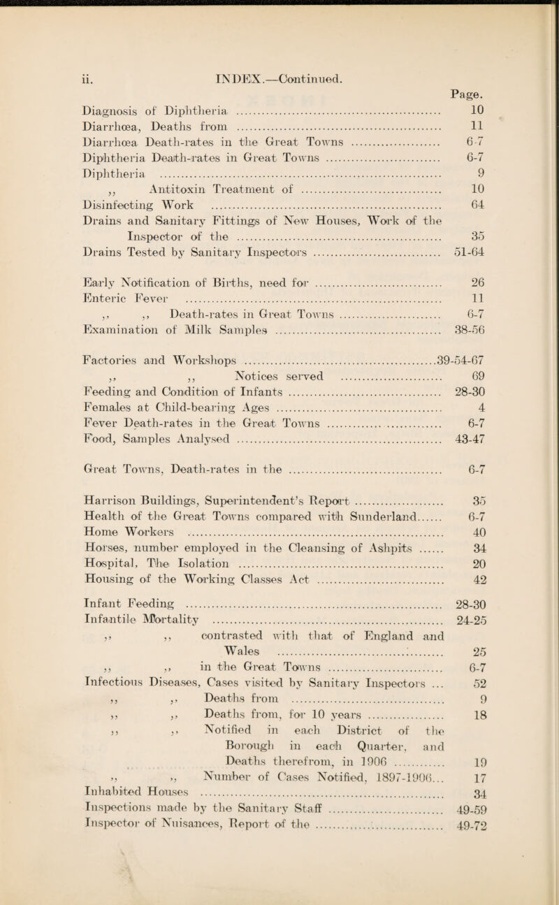 Page. Diagnosis of Diphtheria . 10 Diarrhoea, Deaths from . 11 Diarrhoea Death-rates in the Great Towns . 6 7 Diphtheria Death-rates in Great Towns . 6-7 Diphtheria . 9 ,, Antitoxin Treatment of . 10 Disinfecting Work . 64 Drains and Sanitary Fittings of New Houses, Work of the Inspector of the . 35 Drains Tested by Sanitary Inspectors . 51-64 Early Notification of Births, need for . 26 Enteric Fever . 11 ,, ,, Death-rates in Great Towns . 6-7 Examination of Milk Samples . 38-56 Factories and Workshops .39-54-67 ,, ,, Notices served . 69 Feeding and Condition of Infants . 28-30 Females at Child-bearing Ages . 4 Fever Death-rates in the Great Towns . 6-7 Food, Samples Analysed . 43-47 Great Towns, Death-rates in the . 6-7 Harrison Buildings, Superintendent’s Report . 35 Health of the Great Towns compared with Sunderland. 6-7 Home Workers .. 40 Horses, number employed in the Cleansing of Ashpits . 34 Hospital, The Isolation . 20 Housing of the Working Classes Act . 42 Infant Feeding . 28-30 Infantile Mortality . 24-25 ,, contrasted with that of England and Wales .!. 25 ,, ,, in the Great Towns . 6-7 Infectious Diseases, Cases visited by Sanitary Inspectors ... 52 ,, ,, Deaths from . 9 ,, ,, Deaths from, for 10 years . 18 ,, ,, Notified in each District of the Borough in each Quarter, and Deaths therefrom, in 1906 . 19 ,, >, Number of Cases Notified, 1897-1906... 17 Inhabited Houses . 34 Inspections made by the Sanitary Staff . 49-59 Inspector of Nuisances, Report of the ... 49-72