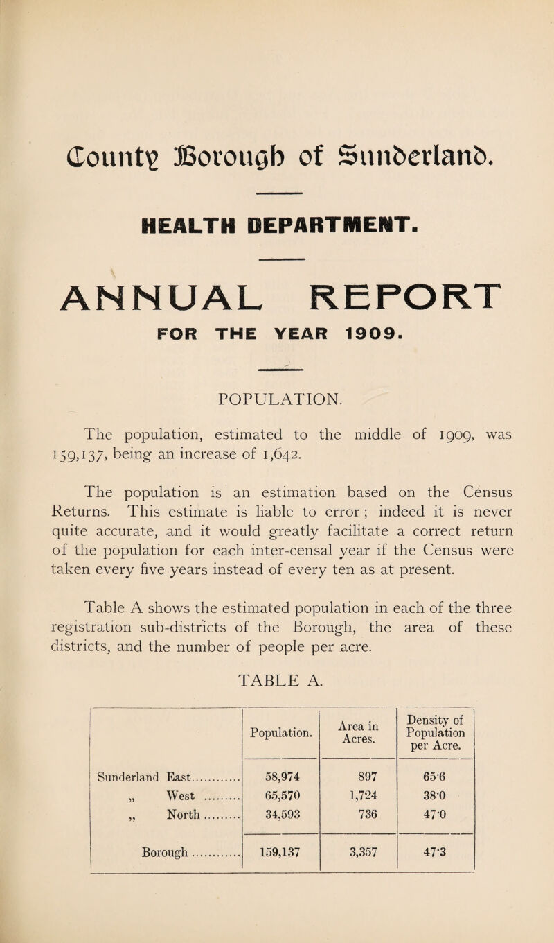 County Borouob of Shmbetlanb. HEALTH DEPARTMENT. ANNUAL REPORT FOR THE YEAR 1909. POPULATION. The population, estimated to the middle of 1909, was 159>137> being an increase of 1,642. The population is an estimation based on the Census Returns. This estimate is liable to error; indeed it is never quite accurate, and it would greatly facilitate a correct return of the population for each mter-censal year if the Census were taken every five years instead of every ten as at present. Table A shows the estimated population in each of the three registration sub-districts of the Borough, the area of these districts, and the number of people per acre. TABLE A. Population. Area in Acres. Density of Population per Acre. Sunderland East. 58,974 897 65'6 „ West . 65,570 1,724 38-0 „ North. 34,593 736 47-0 Borough. 159,137 3,357 473