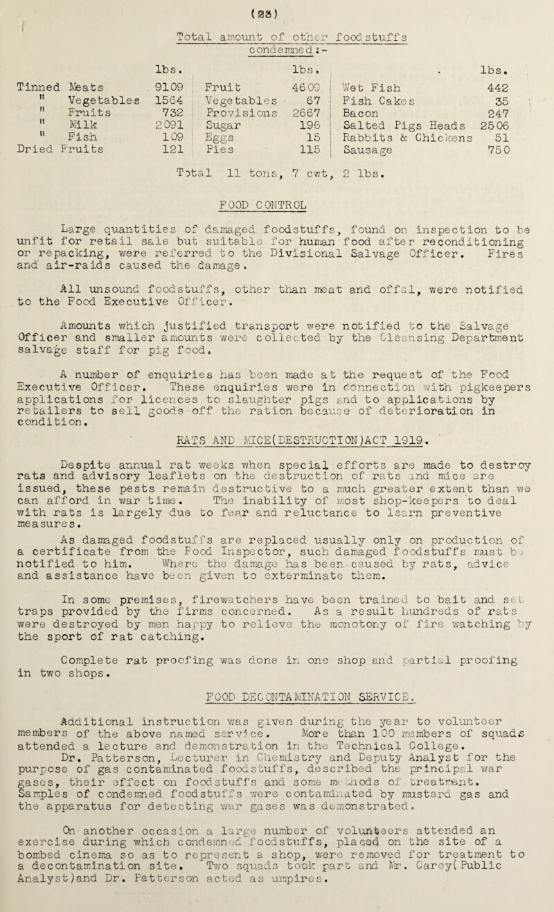 (10) SECTION C. SANITARY CIRCUMSTANCES OF THE AREA. WATER; The source of supply remains unchanged and the quality and quantity satisfactory. DRAINAGE AND SEWERAGE: No new sewers were laid c uring the year under review by the Borough Surveyor. During the year 118 feet of cast-iron drains and 328 feet of stoneware drains have been laid;.and new cast-iron soil and ventilation pipes to the extent of 88 feet have also been fixed. RIVERS AND STREAMS; No action has been taken for the prevention of pollution of the river Wear which takes the effluent from 13 sewers. Owing to the fact that the river Wear is a tidal river and taking sewage, little can be done to prevent or mitigate pollution. CLOSET ACCOMMODATION; During the year 216 broken or otherwise defective watercloset basins were replaced by new washdown pedestal basins. Belov; will be found a table showing the conveniences in the Borough at the end of 1942;- Houses Sec. with waterclosets and movable ashbins.... 35892  11 ” ashpits, privies and ashpits, pan privies &c... 803C x These are not within a reasonable distance of a sewer. PUBLIC CLEANSING; The amount of refuse removed during the year was 84,327 tons, viz., house scavenging 59,570 tons, street scavenging 22,752 tons, gullies 2,005 tons. In addition, 528 loads of salvage were removed. The arrangement for removal of house refuse remains efficient, the whole of the removal being carried out by means of closed carts, most of which are motor driven. SANITARY INSPECTION OF THE AREA; The number of visits made during the period under review by the District Inspectors(including inspections, advisory visits etc.)was 12,955. SUMMARY OF INSPECTIONS AND VISITS BY THE DISTRICT INSPECTORS. Houses and Premises: visits or examina¬ tions on account of Infectious Disease.... n  Contacts........ Alleged Nuisances(Unfounded complaints 72)... House to house work. ..... Housing Acts... Occupants...... Drainage ..... Work in progress............... . Inf ormation( Ownerships &c •)•••••••• .... \\ Appointments or Advice ... Common Lodging House s •. .... ...... Public Sanitary Conveniences(incliding licensed houses, places of entertainment etc. ) ....... Air-raid Shelters..... ... Stables, &........ Offensive Trades..... Other visits and inspections..... 947 15 1753 1515 161 18 415 3672 232 316 34 13 911 63 195 2735 Total Inspections 12995