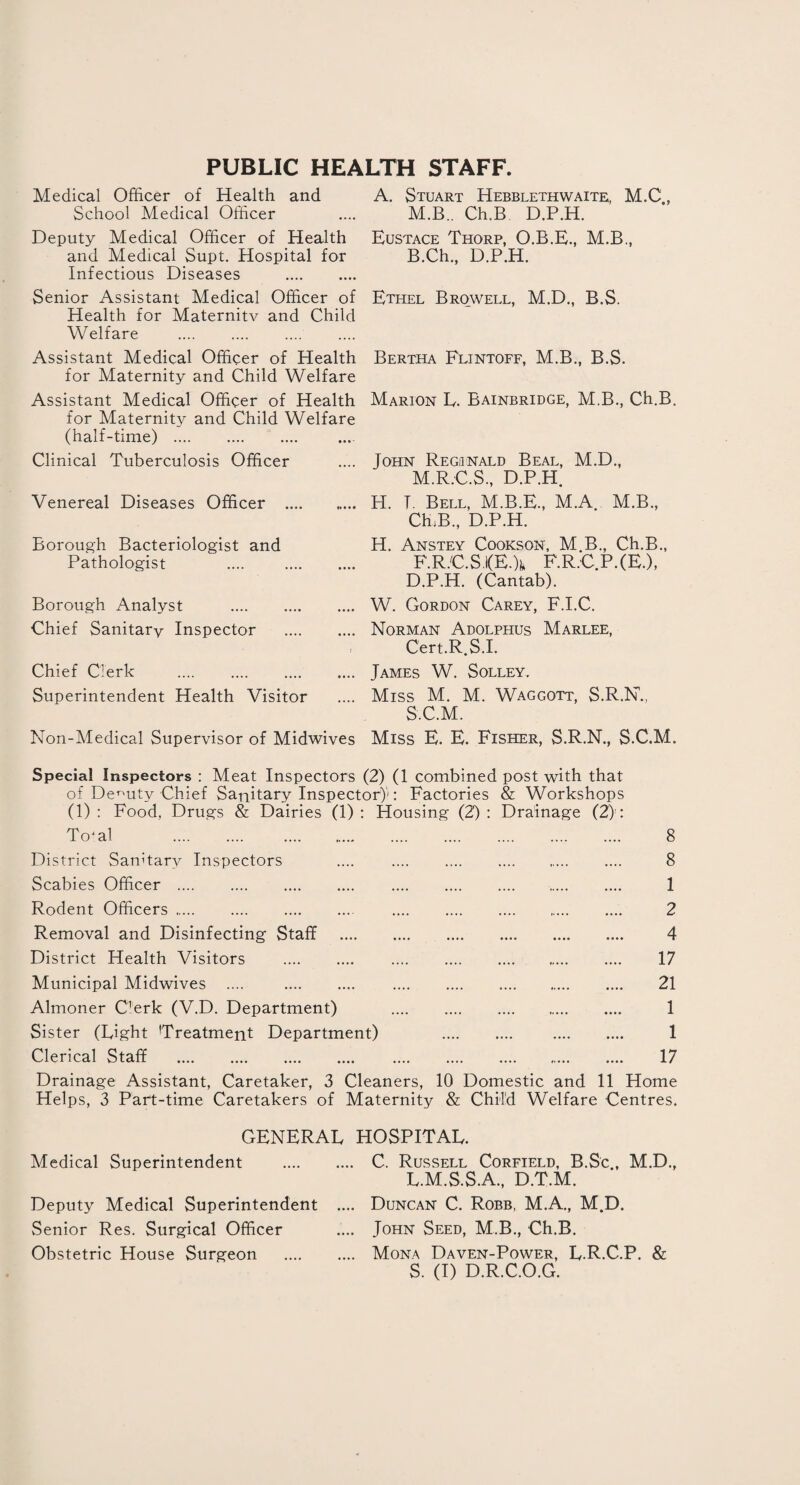 PUBLIC HEALTH STAFF Medical Officer of Health and School Medical Officer Deputy Medical Officer of Health and Medical Supt. Hospital for Infectious Diseases . Senior Assistant Medical Officer of Health for Maternity and Child Welfare . Assistant Medical Officer of Health for Maternity and Child Welfare Assistant Medical Officer of Health for Maternity and Child Welfare (half-time) . Clinical Tuberculosis Officer Venereal Diseases Officer . Borough Bacteriologist and Pathologist .... . Borough Analyst . Chief Sanitary Inspector . f Chief Clerk . Superintendent Health Visitor Non-Medical Supervisor of Midwives A. Stuart Hebblethwaite, M.C, M.B.. Ch.B D.P.H. Eustace Thorp, O.B.E., M.B., B.Ch., D.P.H. Ethel Browell, M.D., B.S. Bertha Flintoff, M.B., B.S. Marion E. Bainbridge, M.B., Ch.B. John Reginald Beal, M.D., M.R.C.S., D.P.H. H. T. Bell, M.B.E., M.A. M.B., CEB., D.P.H. H. Anstey Cookson, M.B., Ch.B., F.R.'C.S.i(E.)fc F.R.C.P.(E.)» D.P.H. (Cantab). W. Gordon Carey, F.I.C. Norman Adolphus Marlee, Cert.R.S.I. James W. Solley. Miss M. M. Waggott, S.R.N., S.C.M. Miss E. E. Fisher, S.R.N., S.C.M. Special Inspectors : Meat Inspectors (2) (1 combined post with that of Deputy Chief Sanitary Inspector)'1: Factories & Workshops (1) : Food, Drugs & Dairies (1) : Housing (2) : Drainage (2): Toml 8 District Sanitary Inspectors .... . 8 Scabies Officer . 1 Rodent Officers. 2 Removal and Disinfecting Staff . 4 District Health Visitors . 17 Municipal Midwives .... 21 Almoner C’erk (V.D. Department) . 1 Sister (Light Treatment Department) 1 Clerical Staff . 17 Drainage Assistant, Caretaker, 3 Cleaners, 10 Domestic and 11 Home Helps, 3 Part-time Caretakers of Maternity & Child Welfare Centres. GENERAL HOSPITAL. Medical Superintendent Deputy Medical Superintendent Senior Res. Surgical Officer Obstetric House Surgeon C. Russell Corfield, B.Sc., M.D., L.M.S.S.A., D.T.M. Duncan C. Robb, M.A., M.D. John Seed, M.B., Ch.B. Mona Daven-Power, L.R.C.P. & S. (I) D.R.C.O.G.