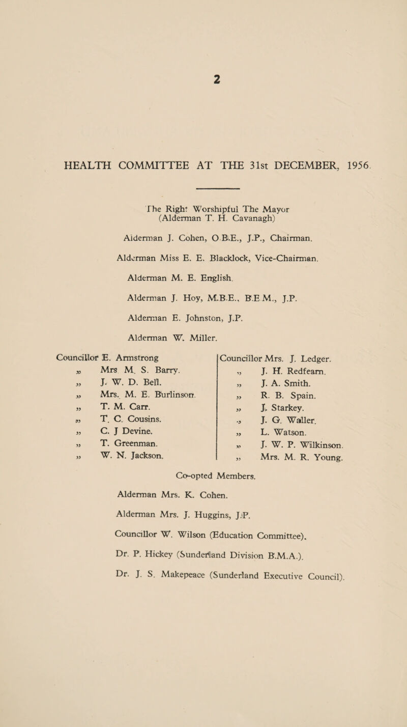 HEALTH COMMITTEE AT THE 31st DECEMBER, 1956. The Right Worshipful The Mayor (Alderman T. H. Cavanagh) Aiderman J. Cohen, O B.E., J.P., Chairman. Alderman Miss E. E. Blacklock, Vice-Chairman. Alderman M. E. English. Alderman J. Hoy, M.B.E., B\E M., J.P. Alderman E. Johnston, J.P. Alderman W. Miller. Councillor E. Armstrong „ Mrs M. S. Barry. „ J, W. D. Bell. » Mrs. M. E. Burlinson. „ T. M. Carr. T. C. Cousins. « C. J Devine. „ T. Greenman. „ W. N. Jackson. Councillor Mrs. J. Ledger. „ J. H. Redfeam. „ J. A. Smith. « R. B. Spain. „ J. Starkey, o J. G. Waller. yy L. Watson. J. W. P. Wilkinson. „ Mrs. M. R. Young. Co-opted Members. Alderman Mrs. K. Cohen. Alderman Mrs. J. Huggins, J.P. Councillor W. Wilson (Education Committee). Dr. P. Hickey (Sunderland Division B.M.A.). Dr. J. S. Makepeace (Sunderland Executive Council).