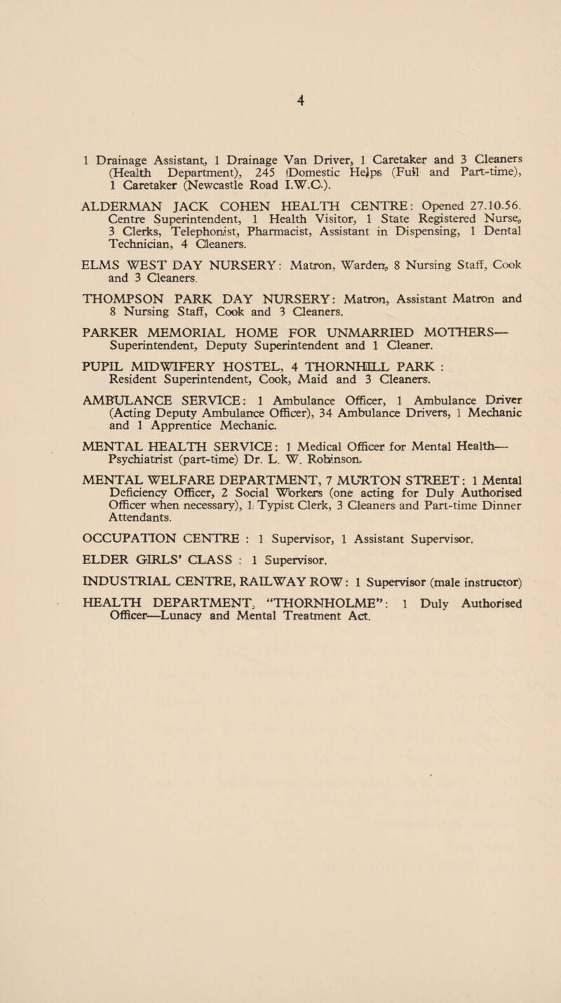 1 Drainage Assistant, 1 Drainage Van Driver, 1 Caretaker and 3 Cleaners (Health Department), 245 (Domestic Helps (Full and Pan-time), 1 Caretaker (Newcastle Road I.W.C.). ALDERMAN JACK COHEN HEALTH CENTRE: Opened 27.1056. Centre Superintendent, 1 Health Visitor, 1 State Registered Nurse,, 3 Clerks, Telephonist, Pharmacist, Assistant in Dispensing, 1 Dental Technician, 4 Cleaners. ELMS WEST DAY NURSERY: Matron, Warden, 8 Nursing Staff, Cook and 3 Cleaners. THOMPSON PARK DAY NURSERY: Matron, Assistant Matron and 8 Nursing Staff, Cook and 3 Cleaners. PARKER MEMORIAL HOME FOR UNMARRIED MOTHERS— Superintendent, Deputy Superintendent and 1 Cleaner. PUPIL MIDWIFERY HOSTEL, 4 THORNHILL PARK : Resident Superintendent, Cook, Maid and 3 Cleaners. AMBULANCE SERVICE: 1 Ambulance Officer, 1 Ambulance Driver (Acting Deputy Ambulance Officer), 34 Ambulance Drivers, 1 Mechanic and 1 Apprentice Mechanic. MENTAL HEALTH SERVICE: 1 Medical Officer for Mental Health- Psychiatrist (part-time) Dr. L. W. Robinson. MENTAL WELFARE DEPARTMENT, 7 MURTON STREET: 1 Mental Deficiency Officer, 2 Social Workers (one acting for Duly Authorised Officer when necessary), L Typist Clerk, 3 Cleaners and Part-time Dinner Attendants. OCCUPATION CENTRE : 1 Supervisor, 1 Assistant Supervisor. ELDER GIRLS’ CLASS : 1 Supervisor. INDUSTRIAL CENTRE, RAILWAY ROW: 1 Supervisor (male instructor) HEALTH DEPARTMENT, “THORNHOLME”: 1 Duly Authorised Officer—Lunacy and Mental Treatment Act.