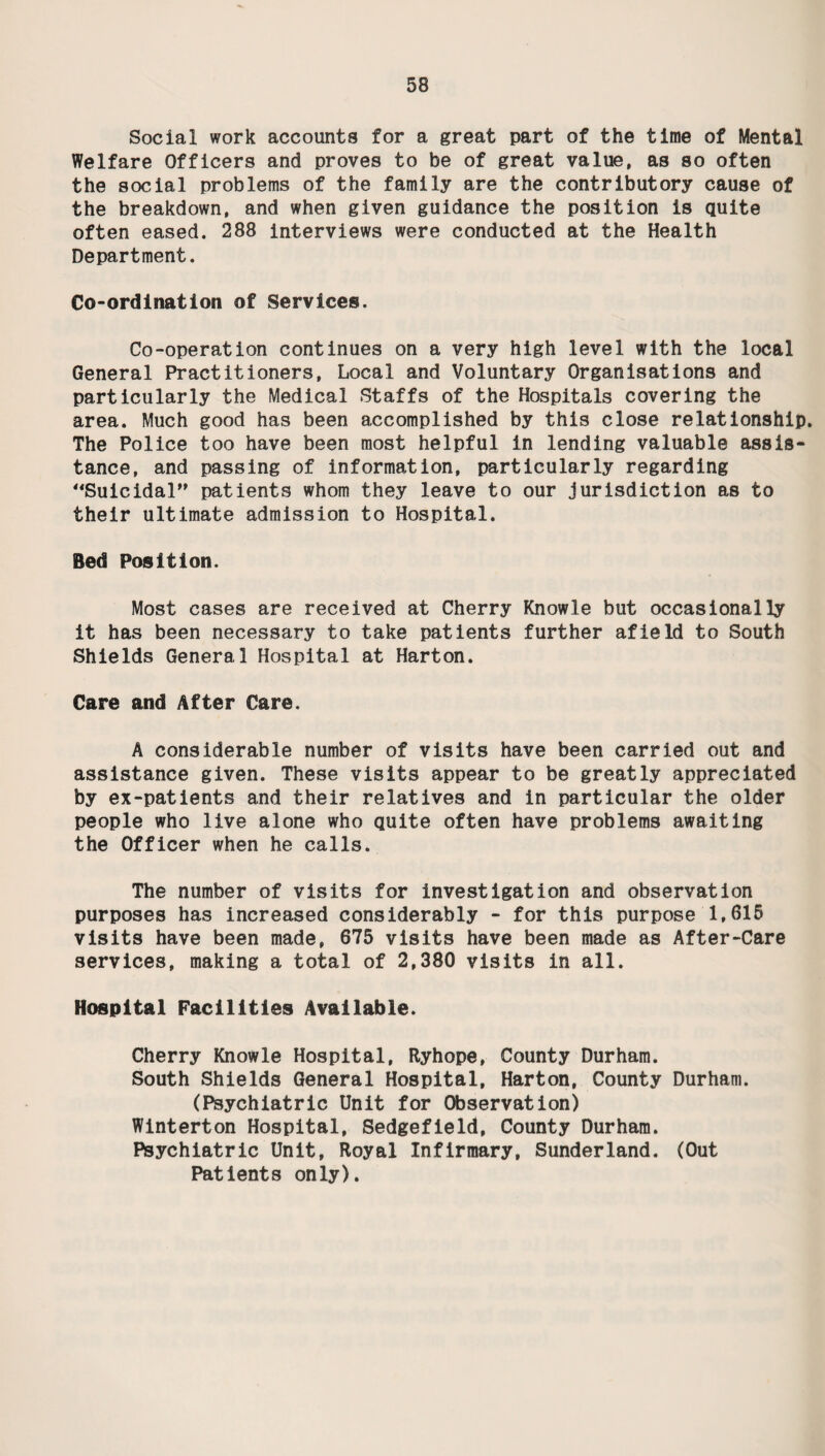 Social work accounts for a great part of the time of Mental Welfare Officers and proves to be of great value, as so often the social problems of the family are the contributory cause of the breakdown, and when given guidance the position is quite often eased. 288 interviews were conducted at the Health Department. Co-ordination of Services. Co-operation continues on a very high level with the local General Practitioners, Local and Voluntary Organisations and particularly the Medical Staffs of the Hospitals covering the area. Much good has been accomplished by this close relationship. The Police too have been most helpful in lending valuable assis¬ tance, and passing of information, particularly regarding “Suicidal” patients whom they leave to our jurisdiction as to their ultimate admission to Hospital. Bed Position. Most cases are received at Cherry Knowle but occasionally it has been necessary to take patients further afield to South Shields General Hospital at Harton. Care and After Care. A considerable number of visits have been carried out and assistance given. These visits appear to be greatly appreciated by ex-patients and their relatives and in particular the older people who live alone who quite often have problems awaiting the Officer when he calls. The number of visits for investigation and observation purposes has increased considerably - for this purpose 1,615 visits have been made, 675 visits have been made as After-Care services, making a total of 2,380 visits in all. Hospital Facilities Available. Cherry Knowle Hospital, Ryhope, County Durham. South Shields General Hospital, Harton, County Durham. (Psychiatric Unit for Observation) Winterton Hospital, Sedgefield, County Durham. Psychiatric Unit, Royal Infirmary, Sunderland. (Out Patients only).