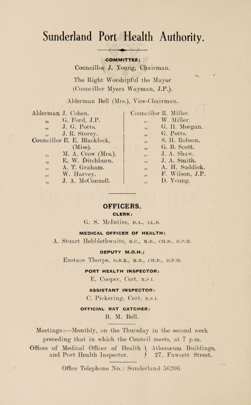 COMMITTER: Councillor J. Young, Chairman. The. Right Worshipful the Mayor (Councillor Myers Wayman, J.P.). Alderman Bell (Mrs.), Vice-Chairman. Alderman J. Cohen. „ G. Ford, J.P. „ J. G. Potts. „ J. R. Storey. Councillor E. E. Blacklock, (Miss). ,, M. A. Crow (Mrs.). „ E. W. Ditchburn. ,, A. T. Graham. ,, W. Harvey. ,, J. A. McConnell. Councillor R. Miller. „ W. Miller. „ G. II. Morgan. ,, G. Potts. ,, S. II. Robson. „ G. B. Scott. ,, J. A. Shaw. ,, J. A. Smith. „ A. H. Suddick. ,, F. Wilson, J.P. ,, D. Young. OFFICERS. CLERK: G. S. Mclntire, b.a., ll.b. MEDICAL OFFICER OF HEALTH: A. Stuart Hebblethwaite, m.c., m.b., ch.b., d.b.h. DEPUTY M.O.H.; Eustace Thorpe, o.b.e., m.b., ch.b., d.p.h. PORT HEALTH INSPECTOR: E. Cooper, Cert, r.s t. ASSISTANT INSPECTOR: C. Pickering, Cert, r.s.i. OFFICIAL RAT CATCHER: B. M. Bell. Meetings:—Monthly, on the Thursday in the second week preceding that in which the Council meets, at 7 p.m. Offices of Medical Officer of Health \ Athenaeum Buildings, and Port Health Inspector. J 27, Fawcett Street. Office Telephone No.: Sunderland 56206.