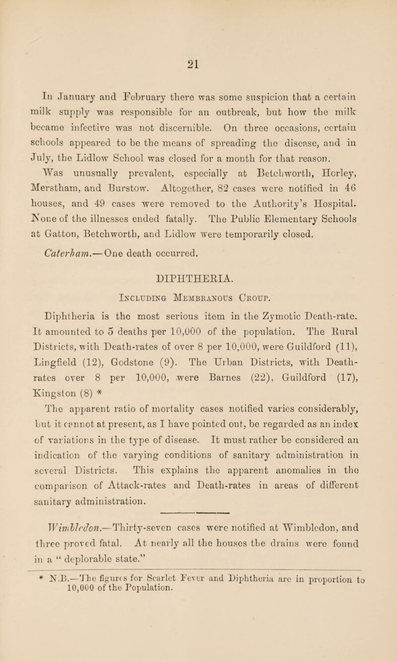 In January and February there was some suspicion that a certain milk supply was responsible for an outbreak, but how the milk became infective was not discernible. On three occasions, certain schools appeared to be the means of spreading the disease, and in July, the Lidlowr School was closed for a month for that reason. Was unusually prevalent, especially at Betehworth, Horley, Merstham, and Burstow. Altogether, 82 cases were notified in 46 houses, and 49 cases were removed to the Authority’s Hospital. IVoneof the illnesses ended fatally. The Public Elementary Schools at Gatton, Betehworth, and Lidlow were temporarily closed. Caterham.— One death occurred. DIPHTHERIA. Including Membranous Cuour. Diphtheria is the most serious item in the Zymotic Death-rate. It amounted to 5 deaths per 10,000 of the population. The Rural Districts, with Death-rates of over 8 per 10,000, were Guildford (11), Lingfield (12), Godstone (9). The Urban Districts, with Death- rates over 8 per 10,000, were Barnes (22), Guildford (17), Kingston (8) * The apparent ratio of mortality cases notified varies considerably, but it cannot at present, as I have pointed out, be regarded as an index of variations in the type of disease. It must rather be considered an indication of the varying conditions of sanitary administration in several Districts. This explains the apparent anomalies in the comparison of Attack-rates and Death-rates in areas of different sanitary administration. Wiirblcclon.—Thirty-seven cases were notified at Wimbledon, and three proved fatal. At nearly all the houses the drains were found in a “ deplorable state.” * N.B.—The figures for Scarlet Fever and Diphtheria are in proportion to 10,000 of the Population.