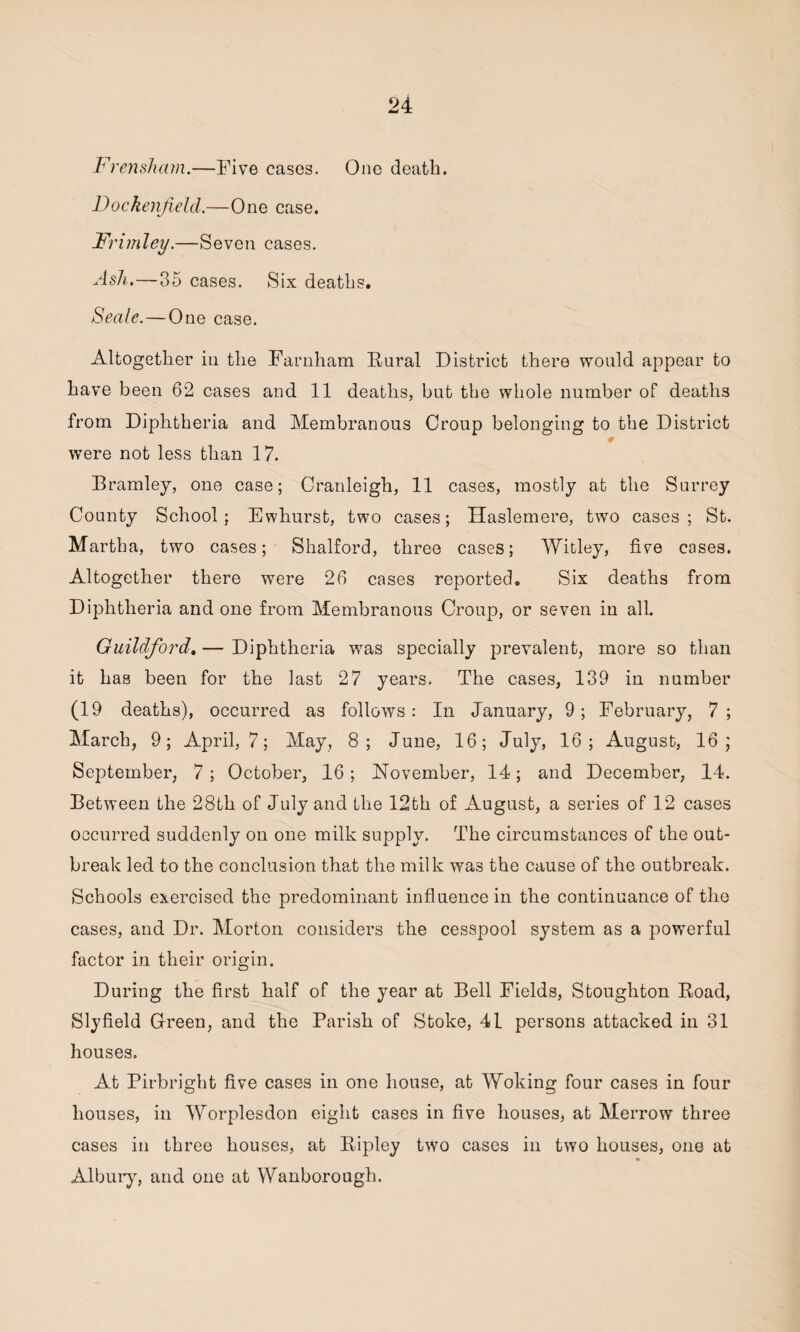 Frensham.—Five cases. One death. Dockenjield.—One case. Frimley.—Seven cases. Ash.—35 cases. Six deaths. Seale. — One case. Altogether in the Farnham Rural District there would appear to have been 62 cases and 11 deaths, but the whole number of deaths from Diphtheria and Membranous Croup belonging to the District were not less than 17. Bramley, one case; Cranleigh, 11 cases, mostly at the Surrey County School; Ewhurst, two cases; Haslemere, two cases; St. Martha, two cases; Shalford, three cases; Witley, five cases. Altogether there were 26 cases reported. Six deaths from Diphtheria and one from Membranous Croup, or seven in all. Guildford. — Diphtheria was specially prevalent, more so than it has been for the last 27 years. The cases, 139 in number (19 deaths), occurred as follows: In January, 9; February, 7; March, 9; April, 7; May, 8; June, 16; July, 16; August, 16; September, 7 ; October, 16; November, 14; and December, 14. Between the 28th of July and the 12th of August, a series of 12 cases occurred suddenly on one milk supply. The circumstances of the out¬ break led to the conclusion that the milk was the cause of the outbreak. Schools exercised the predominant influence in the continuance of the cases, and Dr. Morton considers the cesspool system as a powerful factor in their origin. During the first half of the year at Bell Fields, Stoughton Road, Slyfield Green, and the Parish of Stoke, 41 persons attacked in 31 houses. At Pirbright five cases in one house, at Woking four cases in four houses, in Worplesdon eight cases in five houses, at Merrow three cases in three houses, at Ripley two cases in two houses, one at Albury, and one at Wanborough.