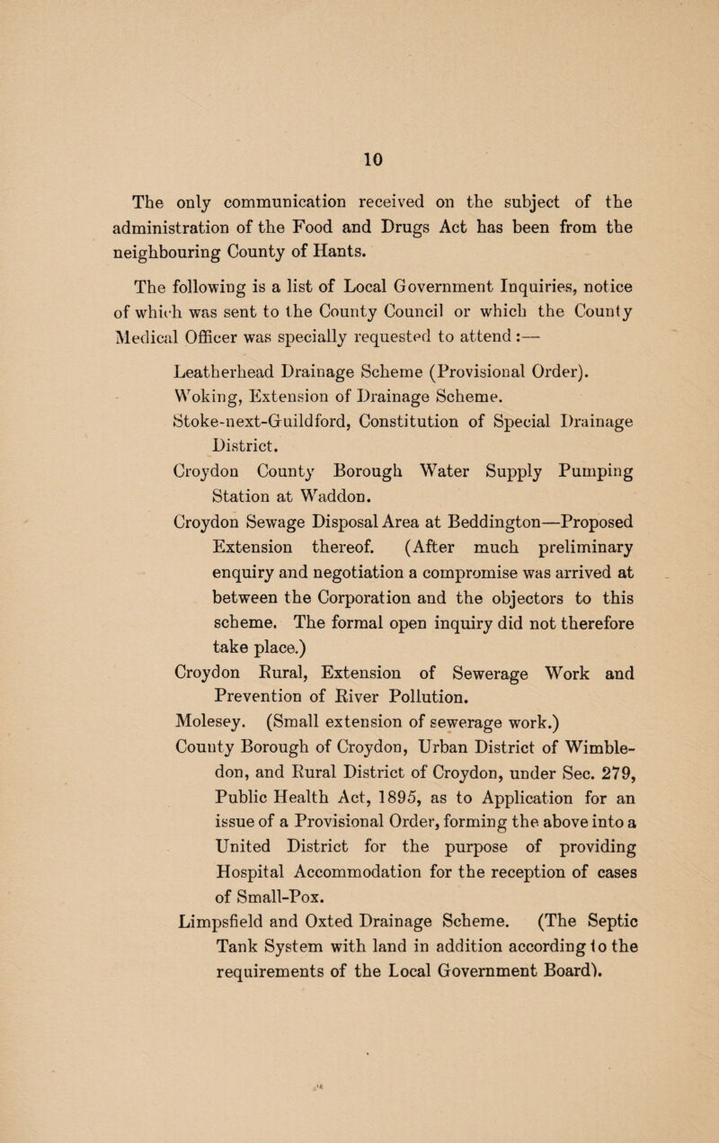 The only communication received on the subject of the administration of the Food and Drugs Act has been from the neighbouring County of Hants. The following is a list of Local Government Inquiries, notice of which was sent to t he County Council or which the County Medical Officer was specially requested to attend:— Leatherliead Drainage Scheme (Provisional Order). Woking, Extension of Drainage Scheme. Stoke-next-Guildford, Constitution of Special Drainage District. Croydon County Borough Water Supply Pumping Station at Waddon. Croydon Sewage Disposal Area at Beddington—Proposed Extension thereof. (After much preliminary enquiry and negotiation a compromise was arrived at between the Corporation and the objectors to this scheme. The formal open inquiry did not therefore take place.) Croydon Rural, Extension of Sewerage Work and Prevention of River Pollution. Molesey. (Small extension of sewerage work.) County Borough of Croydon, Urban District of Wimble¬ don, and Rural District of Croydon, under Sec. 279, Public Health Act, 1895, as to Application for an issue of a Provisional Order, forming the above into a United District for the purpose of providing Hospital Accommodation for the reception of cases of Small-Pox. Limpsfield and Oxted Drainage Scheme. (The Septic Tank System with land in addition according 1o the requirements of the Local Government Board).