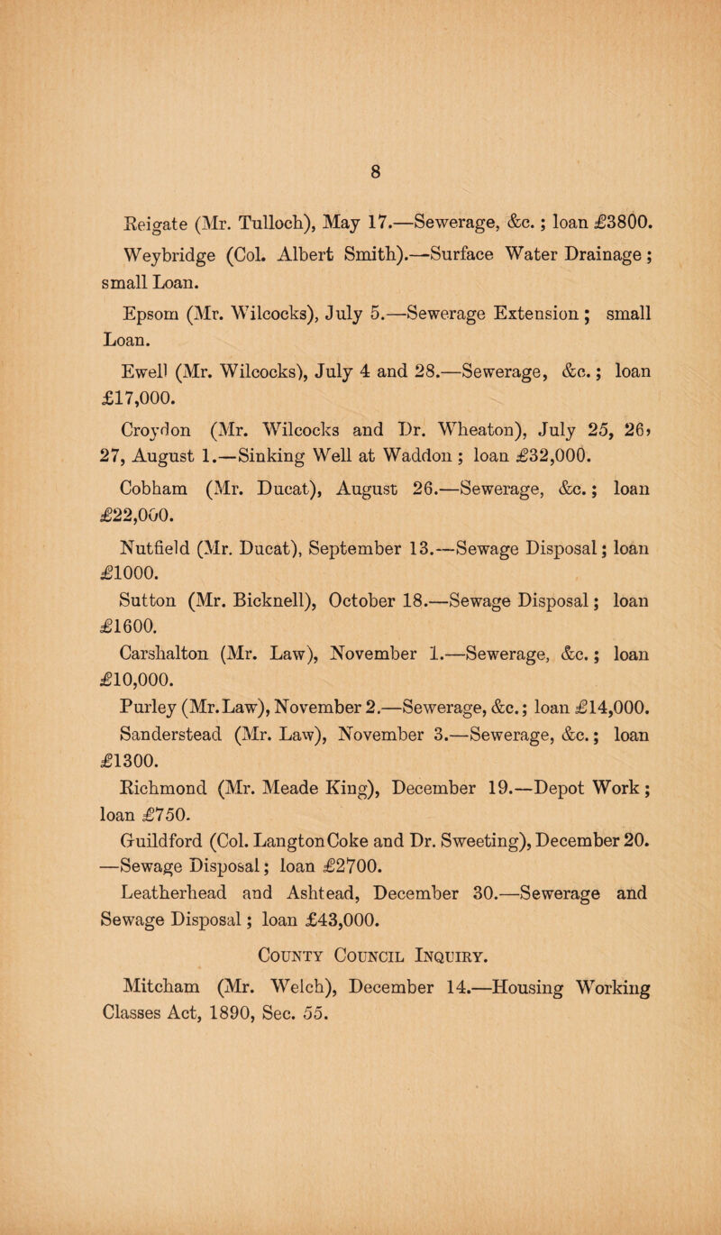 Eeigate (Mr. Tulloch), May 17.—Sewerage, &c.; loan £3800. Weybridge (Col. Albert Smith).—-Surface Water Drainage; small Loan. Epsom (Mr. Wilcocks), July 5.—Sewerage Extension ; small Loan. Ewell (Mr. Wilcocks), July 4 and 28.—Sewerage, &c.; loan £17,000. Croydon (Mr. Wilcocks and Dr. Wheaton), July 25, 26> 27, August 1.—Sinking Well at Waddon ; loan £32,000. Cobham (Mr. Ducat), August 26.—Sewerage, &c.; loan £22,000. Nutfield (Mr. Ducat), September 13.—Sewage Disposal; loan £1000. Sutton (Mr. Bicknell), October 18.—Sewage Disposal; loan £1600. Carshalton (Mr. Law), November 1.—Sewerage, &c.; loan £10,000. Purley (Mr.Law), November 2.—Sewerage, &c.; loan £14,000. Sanderstead (Mr. Law), November 3.—Sewerage, &c.; loan £1300. Richmond (Mr. Meade King), December 19.—Depot Work; loan £750. (xuildford (Col. LangtonCoke and Dr. Sweeting), December 20. —Sewage Disposal; loan £2700. Leatherhead and Ashtead, December 30.—Sewerage and Sewage Disposal; loan £43,000. County Council Inquiry. Mitcham (Mr. Welch), December 14.—Housing Working Classes Act, 1890, Sec. 55.