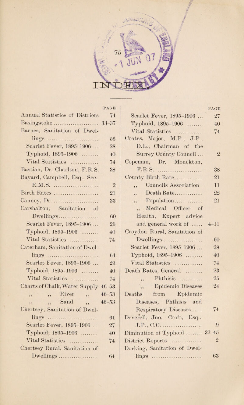 f i PAGE Annual Statistics of Districts 74 Basingstoke. 33 -37 Barnes, Sanitation of Dwel- li ngs . 56 Scarlet Fever, 1895-1906 ... 28 Typhoid, 1895-1906 . 40 Vital Statistics . 74 Bastian, Dr. Charlton, F.R.S. 38 Bayard, Campbell, Esq., Sec. R.M.S. 2 Birth Rates . 21 Canney, Dr. 33 Carshalton, Sanitation of Dwellings. 60 Scarlet Fever, 1895-1906 ... 26 Typhoid, 1895-1906 . 40 Vital Statistics . 74 Caterham, Sanitation of Dwel- lings . 64 Scarlet Fever, 1895-1906 ... 29 Typhoid, 1895-1906 . 40 Vital Statistics . 74 Charts of Chalk, Water Supply 46- 53 ,, ,, River ,, 46 -53 ,, ,, Sand 46- -53 Chertsey, Sanitation of Dwel- lings . 61 Scarlet Fever, 1895-1906 ... 27 Typhoid, 1895-1906 . 40 Vital Statistics . 74 Chertsey Rural, Sanitation of Dwellings. 64 PAGE Scarlet Fever, 1895-1906 ... 27 Typhoid, 1895-1906 . 40 Vital Statistics . 74 Coates, Major, M.P., J.P., D.L., Chairman of the Surrey County Council ... Copeman, Dr. Monckton, F.R.S. 38 County Birth Rate. 21 ,, Councils Association 11 ,, Death Rate. 22 ,, Population. 21 ,, Medical Officer of Health, Expert advice and general work of . 4-11 Croydon Rural, Sanitation of Dwellings. 60 Scarlet Fever, 1895-1906 ... 28 Typhoid, 1895-1906 . 40 Vital Statistics . 74 Death Rates, General . 23 ,, Phthisis . 25 ',, Epidemic Diseases 24 Deaths from Epide mic Diseases, Phthisis and Respiratory Diseases. 74 Deverell, Jno. Croft, Esq., J.P., C.C. 9 Diminution of Typhoid. 32-45 District Reports. 2 Dorking, Sanitation of Dwel¬ lings . 63