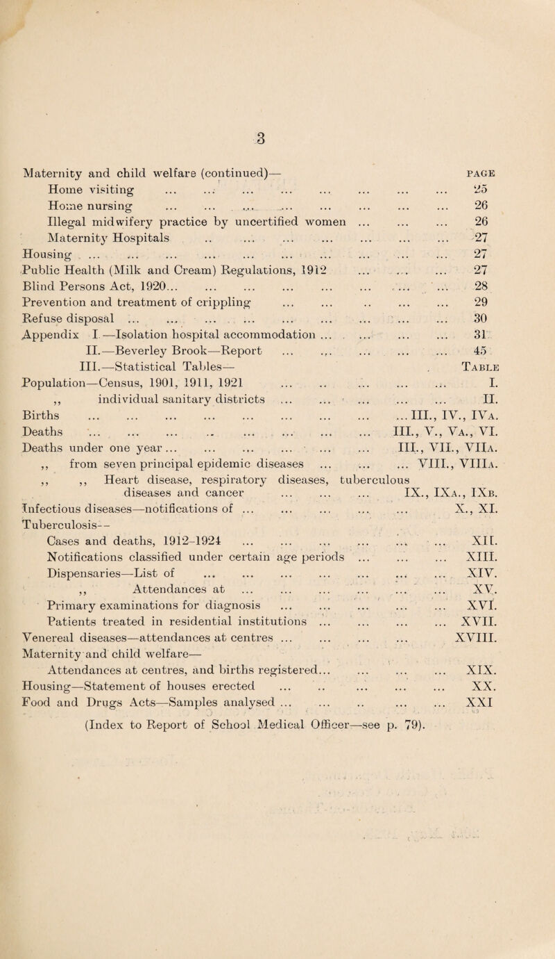 Maternity and child welfare (continued)— Home visiting Home nursing ... ... ..... ... Illegal midwifery practice by uncertified women Maternity Hospitals Housing Public Health (Milk and Cream) Regulations, 1912 Blind Persons Act, 1920... Prevention and treatment of crippling Refuse disposal ... ... . Appendix I —Isolation hospital accommodation ... II.—Beverley Brook—Report ... .,. III.—Statistical Tables-— Population—Census, 1901, 1911, 1921 ,, individual sanitary districts ... ... • PAGE 25 26 26 27 27 27 28 29 30 31 45 Table I. II. Births Deaths Deaths under one year... ,, from seven principal epidemic diseases ,, ,, Heart disease, respiratory diseases, diseases and cancer Infectious diseases—notifications of ... Tuberculosis— Cases and deaths, 1912-1924 Notifications classified under certain age periods Dispensaries—List of ,, Attendances at Primary examinations for diagnosis Patients treated in residential institutions ... Venereal diseases—attendances at centres ... Maternity and child welfare— Attendances at centres, and births registered... Housing—Statement of houses erected Food and Drugs Acts—Samples analysed ... (Index to Report of School Medical Officer tub ...III., IV., IVa. III., V., Va., VI. Ill,, VII., VIIa. ... VIII., VIIIA. rculous IX., IXa., IXb. X., XL XII. XIII. XIV. XV. XVI. XVII. XVIII. XIX. XX. XXI -see p. 79).