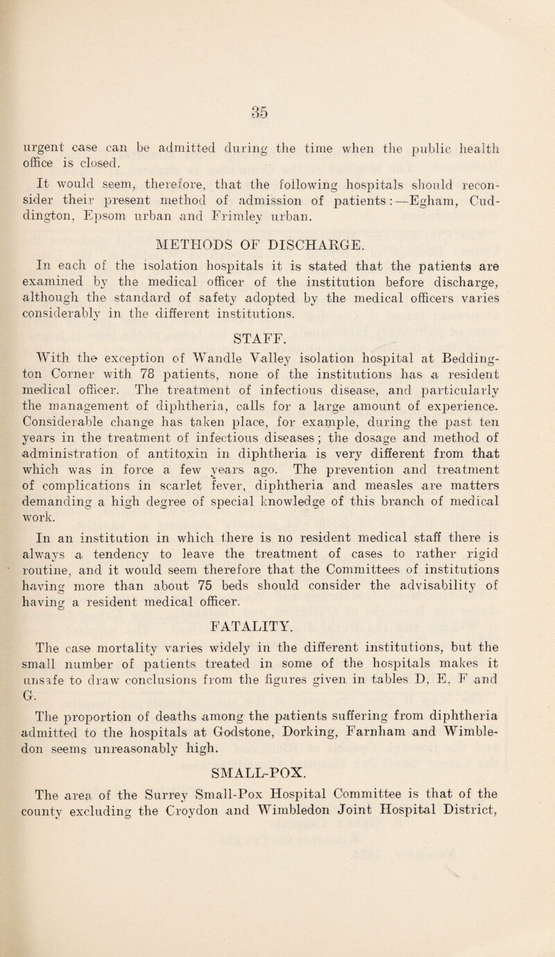 urgent case can be admitted during the time when the public health office is closed. It would seem, therefore, that the following hospitals should recon¬ sider their present method of admission of patients: —Egham, Cud- dington, Epsom urban and Frimley urban. METHODS OF DISCHARGE. In each of the isolation hospitals it is stated that the patients are examined by the medical officer of the institution before discharge, although the standard of safety adopted by the medical officers varies considerably in the different institutions. STAFF. With the exception of Wandle Valley isolation hospital at Bedding- ton Corner with 78 patients, none of the institutions has a resident medical officer. The treatment of infectious disease, and particularly the management of diphtheria, calls for a large amount of experience. Considerable change has taken place, for example, during the past ten years in the treatment of infectious diseases ; the dosage and method of administration of antitoxin in diphtheria is very different from that which was in force a few years ago. The prevention and treatment of complications in scarlet fever, diphtheria and measles are matters demanding a high degree of special knowledge of this branch of medical work. In an institution in which there is no resident medical staff there is alwavs a tendency to leave the treatment of cases to rather rigid routine, and it would seem therefore that the Committees of institutions having more than about 75 beds should consider the advisability of having a resident medical officer. FATALITY. The case mortality varies widely in the different institutions, but the small number of patients treated in some of the hospitals makes it unsafe to draw conclusions from the figures given in tables D, E, E and G. The proportion of deaths among the patients suffering from diphtheria admitted to the hospitals at Goclstone, Dorking, Farnham and Wimble¬ don seems unreasonably high. SMALL-POX. The area of the Surrey Small-Pox Hospital Committee is that of the county excluding the Croydon and Wimbledon Joint Hospital District,