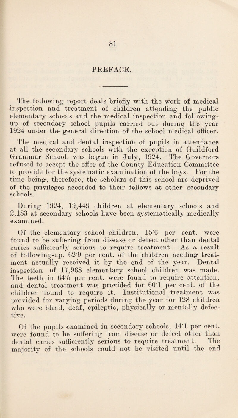 PKEEACE. The following* report deals briefly with the work of medical inspection and treatment of children attending the public elementary schools and the medical inspection and following- up of secondary school pupils carried out during the year 1924 under the general direction of the school medical officer. The medical and dental inspection of pupils in attendance at all the secondary schools with the exception of Guildford Grammar School, was begun in July, 1924. The Governors refused to accept the offer of the County Education Committee to provide for the systematic examination of the boys. For the time being*, therefore, the scholars of this school are deprived of the privileges accorded to their fellows at other secondary schools. During 1924, 19,449 children at elementary schools and 2,183 at secondary schools have been systematically medically examined. Of the elementary school children, 15'6 per cent, were found to be suffering from disease or defect other than dental caries sufficiently serious to require treatment. As a result of following-up, 62‘9 per cent, of the children needing treat¬ ment actually received it by the end of the year. Dental inspection of 17,968 elementary school children was made. The teeth in 64‘5 per cent, were found to require attention, and dental treatment was provided for 60'1 per cent, of the children found to require it. Institutional treatment was provided for varying periods during the year for 128 children who were blind, deaf, epileptic, physically or mentally defec¬ tive. Of the pupils examined in secondary schools, 14T per cent, were found to be suffering from disease or defect other than dental caries sufficiently serious to require treatment. The majority of the schools could not be visited until the end