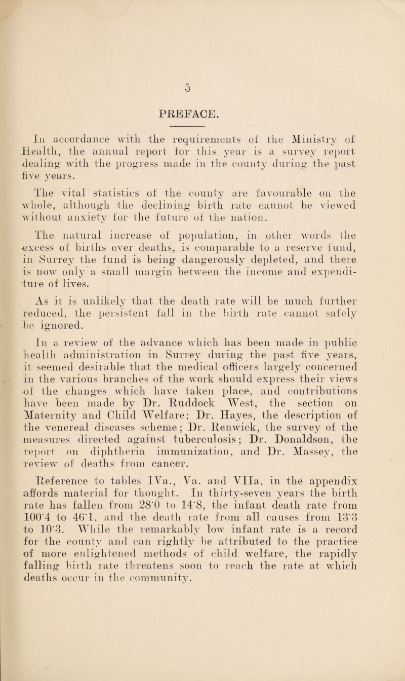 D PREFACE. In accordance with the requirements of the Ministry of Health, the annual report for this year is a survey report dealing* with the progress made in the county during the past five years. The vital statistics of the county are favourable on the whole, although the declining birth rate cannot be viewed without anxiety for the future of the nation. The natural increase of population, in other words the •excess of births over deaths, is comparable to a reserve fund, in Surrey the fund is being* dangerously depleted, and there is now only a small margin between the income and expendi- Ture of lives. As it is unlikely that the death rate will be much further reduced, the persistent fall in the birth rate cannot safely be ignored. In a review of the advance which lias been made in public health administration in Surrey during the past five years, it seemed desirable that the medical officers largely concerned in the various branches of the work should express their views -of the changes which have taken place, and contributions have been made by Dr. Ruddock West, the section on Maternity and Child Welfare; Dr. Hayes, the description of the venereal diseases scheme; Dr. Renwick, the survey of the measures directed against tuberculosis; Dr. Donaldson, the report on diphtheria immunization, and Dr. Massey, the review of deaths from cancer. Reference to tables IVa., Va. and Vila, in the appendix affords material for thought. In thirty-seven years the birth rate has fallen from 28'0 to 14'S, the infant death rate from IQO'4 to 46M, and the death rate from all causes from 13’3 to 10'3. While the remarkably low infant rate is a record for the county and can rightly be attributed to the practice of more enlightened methods of child welfare, the rapidly falling birth rate threatens soon to reach the rate at which deaths occur in the community.