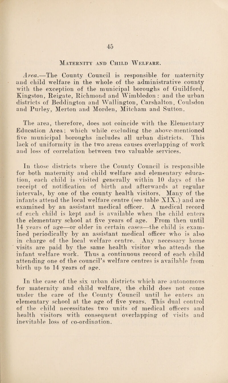 Maternity and Child Welfare. Area.—The Comity Council is responsible for maternity and child welfare in the whole of the administrative county with the exception of the municipal boroughs of Guildford, Kingston, Reigate, Richmond and Wimbledon : and the urban districts of Beddington and Wallington, Carshalton, Coulsdon and Purley, Merton and Morden, Mitcham and Sutton. The area, therefore, does not coincide with the Elementary Education Area; which while excluding the above-mentioned five municipal boroughs includes all urban districts. This lack of uniformity in the two areas causes overlapping of work and loss of correlation between two valuable services. In those districts where the County Council is responsible for both maternity and child welfare and elementary educa¬ tion, each child is visited generally within 10 days of the receipt of notification of birth and afterwards at regular intervals, by one of the county health visitors. Many of the infants attend the local welfare centre (see table XIX.) and are examined by an assistant medical officer. A medical record of each child is kept and is available when the child enters the elementary school at five years of age. From then until 14 years of age—or older in certain cases—the child is exam¬ ined periodically by an assistant medical officer who is also in charge of the local welfare centre. Any necessary home visits are paid by the same health visitor who attends the infant welfare work. Thus a continuous record of each child attending one of the council’s welfare centres is available from birth up to 14 years of age. In the case of the six urban districts which are autonomous for maternity and child welfare, the child does not come under the care of the County Council until he enters an elementary school at the age of five years. This dual control of the child necessitates two units of medical officers and health visitors with consequent overlapping of visits and inevitable loss of co-ordination.