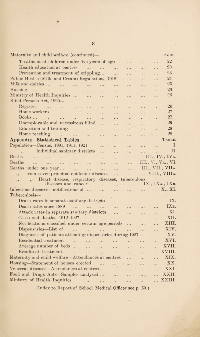 Maternity and child welfare (continued)— Treatment of children under five years of age Health education at centres Prevention and treatment of crippling... Public Health (Milk and Cream) Regulations, 1912 Milk and dairies ... Housing Ministry of Health Inquiries ... Blind Persons Act, 1920— Register Homeworkers Books ... Unemployable and necessitous blind ... Education and training Home teaching Appendix—Statistical Tables. Population—Census, 1901, 1911, 1921 ,, individual sanitary districts Births Deaths Deaths under one year ... ,, from seven principal epidemic diseases ,, ,, Heart disease, respiratory diseases, diseases and cancer Infectious diseases—notifications of ... Tuberculosis-- Death rates in separate sanitary districts Death rates since 1889 Attack rates in separate sanitary districts Cases and deaths, 1912-1927 ... ... ... Notifications classified under certain age periods ... Dispensaries—List of Diagnosis of patients attending dispensaries during 1927 Residential treatmen t Average number of beds ... Results of treatment Maternity and child welfare—Attendances at centres Housing—Statement of houses erected Venereal diseases—Attendances at centres ... Food and Drugs Acts—Samples analysed ... Ministry of Health Inquiries (Index to Report of School Medical Officer see p. 50.) PAGE. 22 23 23 24 25 26 26 26 27 27 28 28 28 Table. I. II. III., IV., IVa. III., V., Va., VI. IIP, VII., VIIa. .VIII., VIIIa. tuberculous IX., IXa., IXb. . X., XI. IX. IXb. XI. XII. XIII. XIV. XV. XVI. XVII. XVIII. XIX. XX. XXI. XXII. XXIII.