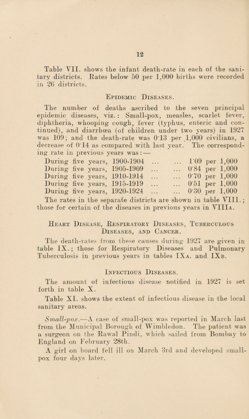Table VII. shows the infant death-rate in each of the sani¬ tary districts. Rates below 50 per 1,000 births w^ere recorded in 26 districts. Epidemic Diseases. The number of deaths ascribed to the seven principal epidemic diseases, viz. : Small-pox, measles, scarlet fever, diphtheria, whooping cougdi, fever (typhus, enteric and con¬ tinued), and diarrhoea (of children under two years) in 1927 was 109; and the death-rate was 0T3 per 1,000 civilians, a decrease of 0T4 as compared with last year. The correspond¬ ing rate in previous years was : — During five years, 1900-1904 ... ... 1 09 During five years, 1905-1909 ... ... 0'84 During five years, 1910-1914 ... ... 0‘70 During five years, 1915-1919 ... ... 0'51 During five years, 1920-1924 ... ... 0‘30 The rates in the separate districts are shown in table VIII. those for certain of the diseases in previous years in VIIIa. per per per per per 1,000 1,000 1,000 1,000 1,000 Heart Disease, Respiratory Diseases, Tuberculous Diseases, and Cancer. The death-rates from these causes during 1927 are given in table IX.; those for Respiratory Diseases and Pulmonary Tuberculosis in previous years in tables IXa. and IXb. Infectious Diseases. The amount of infectious disease notified in 1927 is set forth in table X. Table XI. shows the extent of infectious disease in the local sanitary areas. Small-pox.—A case of small-pox was reported in March last from the Municipal Borough of Wimbledon. The patient was a surgeon on tlie Rawal Pindi, which sailed from Bombay to England on February 28th. A girl on board fell ill on March 3rd and developed small¬ pox four days later.
