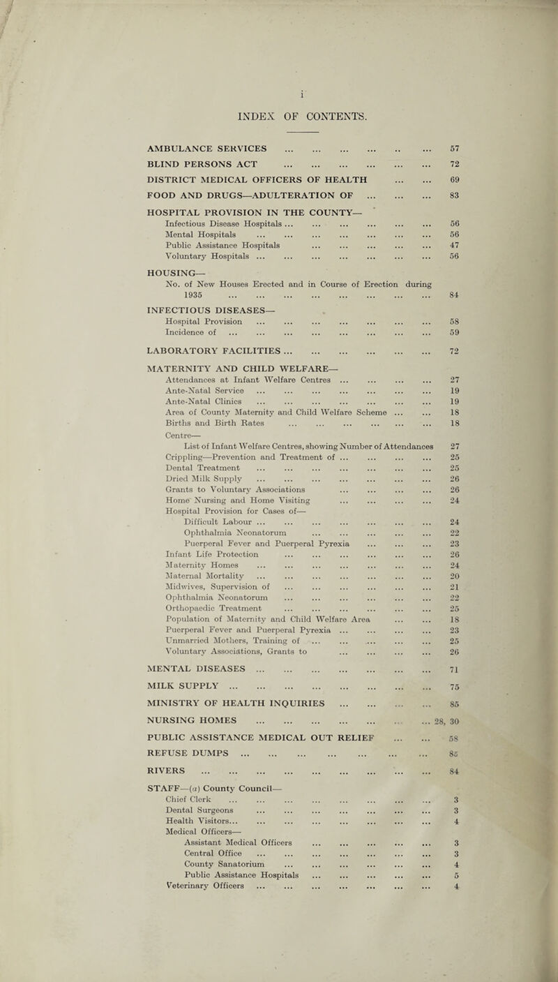 INDEX OF CONTENTS. AMBULANCE SERVICES . BLIND PERSONS ACT . DISTRICT MEDICAL OFFICERS OF HEALTH FOOD AND DRUGS—ADULTERATION OF HOSPITAL PROVISION IN THE COUNTY— Infectious Disease Hospitals ... Mental Hospitals Public Assistance Hospitals Voluntary Hospitals ... 57 72 69 83 56 56 47 56 HOUSING— No. of New Houses Erected and in Course of Erection during INFECTIOUS DISEASES— Hospital Provision ... ... ... ... ... ... ... 58 Incidence of ... ... ... ... ... ... ... ... 59 LABORATORY FACILITIES. 72 MATERNITY AND CHILD WELFARE— Attendances at Infant Welfare Centres ... ... ... ... 27 Ante-Natal Service ... ... ... ... ... ... ... 19 Ante-Natal Clinics ... ... ... ... ... ... ... 19 Area of County Maternity and Child Welfare Scheme ... ... 18 Births and Birth Rates ... ... ... . ... 18 Centre— List of Infant Welfare Centres, showing Number of Attendances Crippling—Prevention and Treatment of Dental Treatment Dried Milk Supply Grants to Voluntary Associations Home' Nursing and Home Visiting Hospital Provision for Cases of— Difficult Labour ... Ophthalmia Neonatorum Puerperal Fever and Puerperal Pyrex Infant Life Protection Maternity Homes Maternal Mortality Midwives, Supervision of Ophthalmia Neonatorum Orthopaedic Treatment Population of Maternity and Child Welfare Area Puerperal Fever and Puerperal Pyrexia Unmarried Mothers, Training of Voluntary Associations, Grants to 27 25 25 26 26 24 24 22 23 26 24 20 21 22 25 18 23 25 26 MENTAL DISEASES . 71 MILK SUPPLY . 75 MINISTRY OF HEALTH INQUIRIES . 85 NURSING HOMES .28, 30 PUBLIC ASSISTANCE MEDICAL OUT RELIEF . 58 REFUSE DUMPS . 85 RIVERS 84 STAFF—(a) County Council—- Chief Clerk Dental Surgeons Health Visitors... Medical Officers—- Assistant Medical Officers Central Office County Sanatorium Public Assistance Hospitals Veterinary Officers 3 3 4 3 3 4 6 4